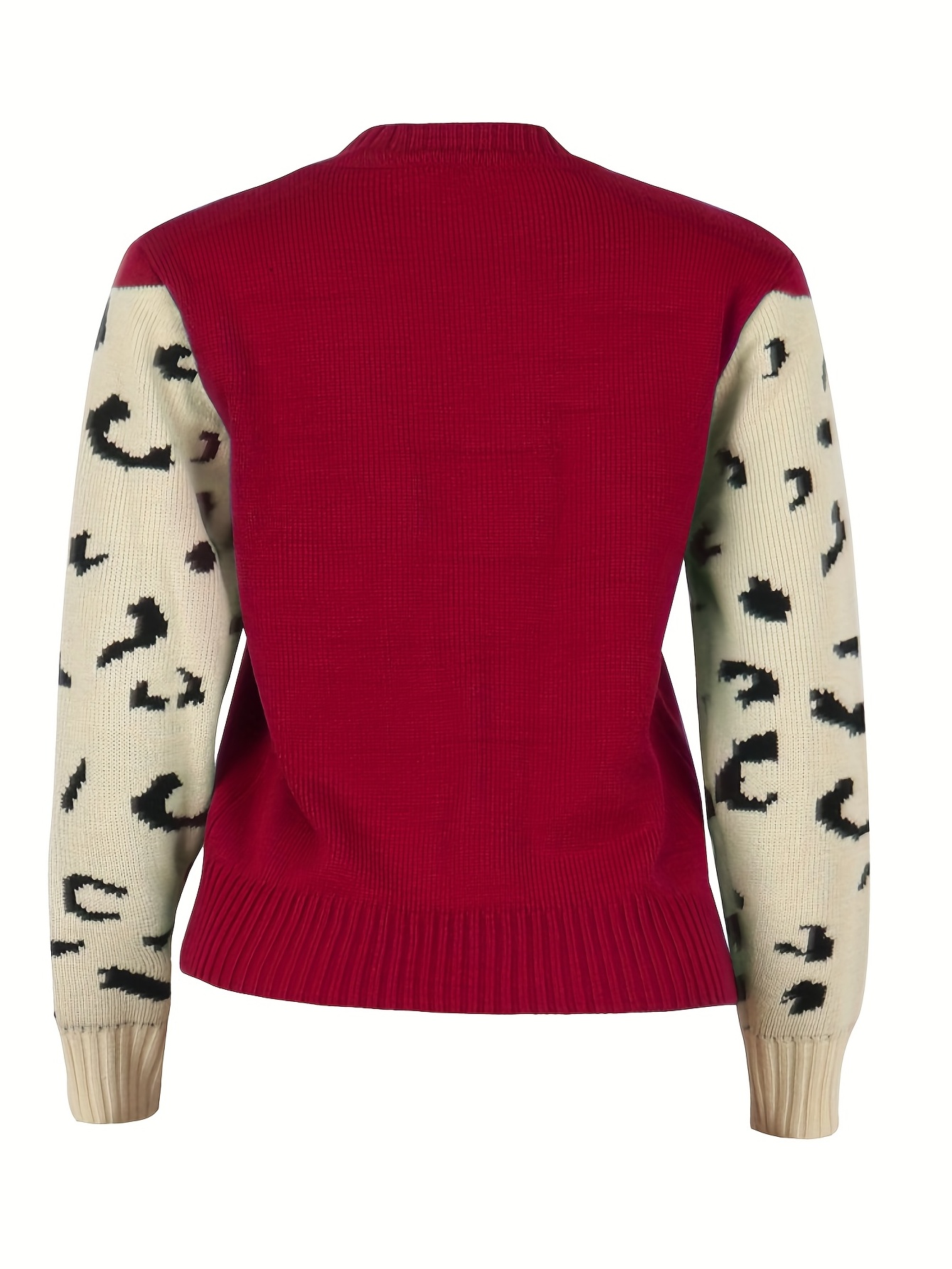 contrast leopard pattern crew neck knit top casual long sleeve pullover sweater for fall winter womens clothing details 10