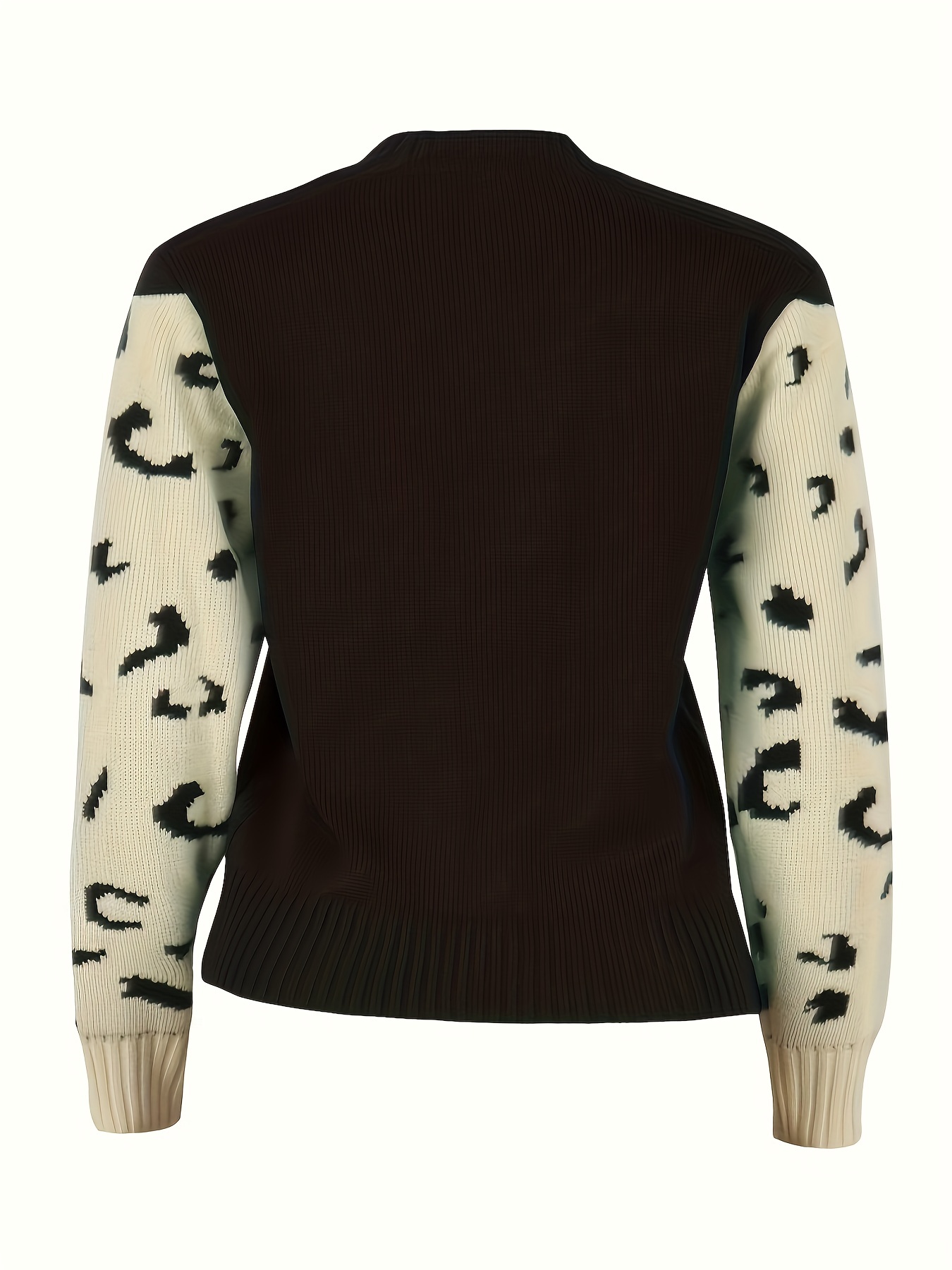 contrast leopard pattern crew neck knit top casual long sleeve pullover sweater for fall winter womens clothing details 13