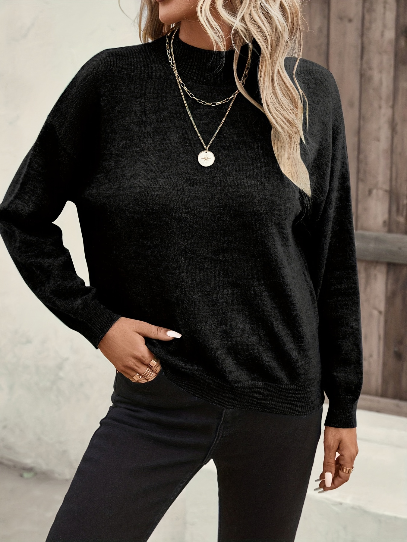 solid mock neck pullover sweater casual long sleeve sweater womens clothing details 9