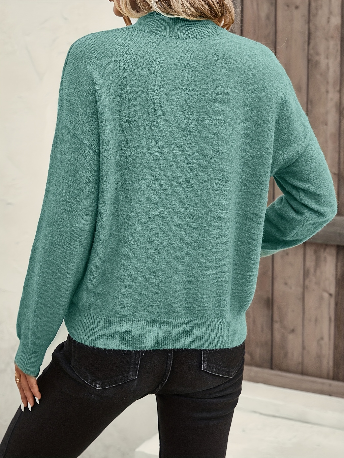 solid mock neck pullover sweater casual long sleeve sweater womens clothing details 20