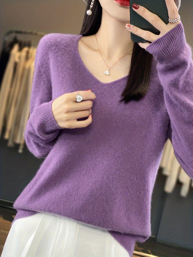 solid simple knit sweater elegant v neck long sleeve sweater womens clothing details 1