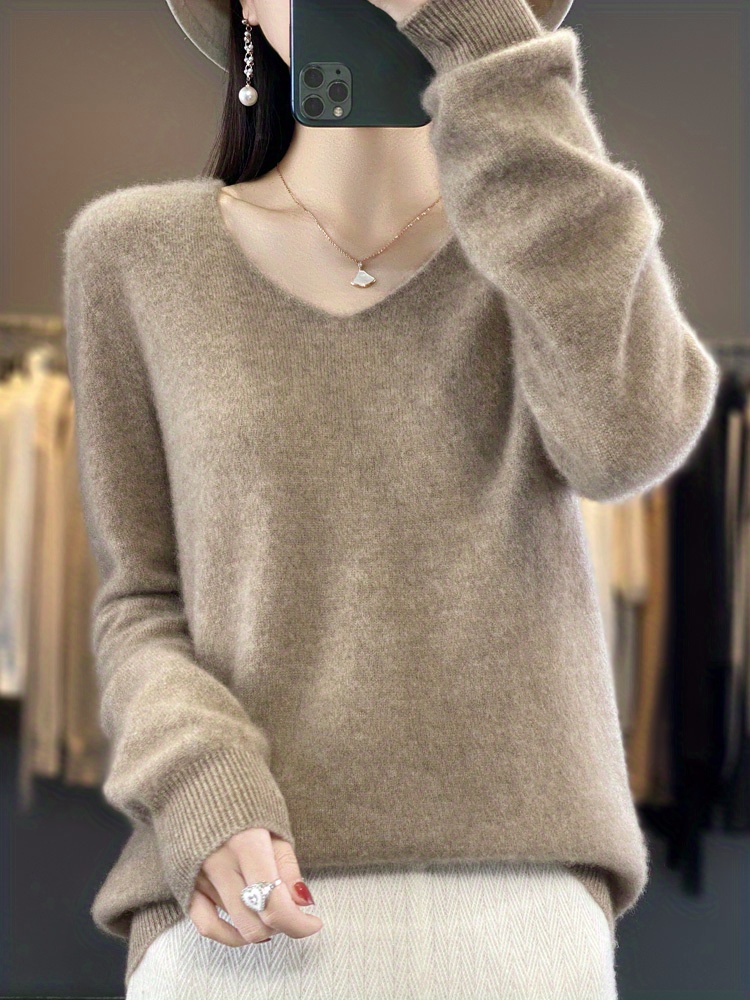 solid simple knit sweater elegant v neck long sleeve sweater womens clothing details 3