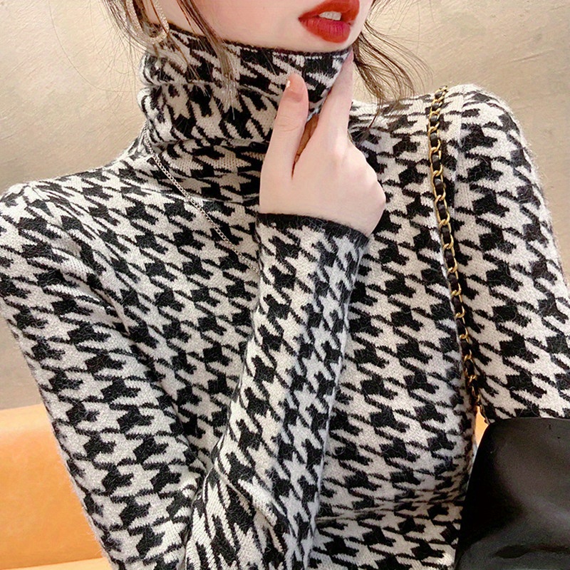 houndstooth pattern turtle neck pullover sweater, houndstooth pattern turtle neck pullover sweater elegant long sleeve slim versatile sweater womens clothing details 1