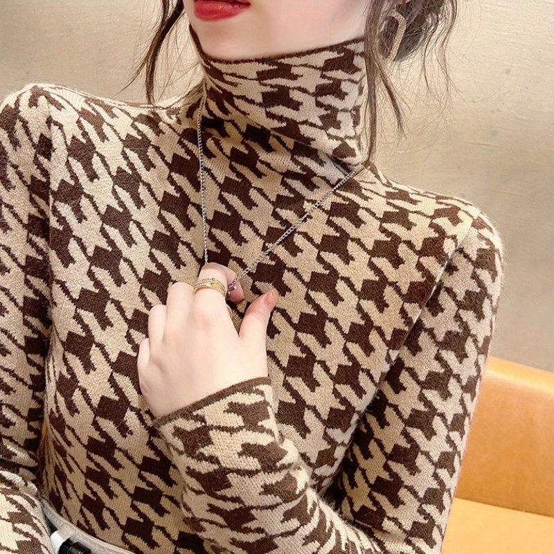 houndstooth pattern turtle neck pullover sweater, houndstooth pattern turtle neck pullover sweater elegant long sleeve slim versatile sweater womens clothing details 2