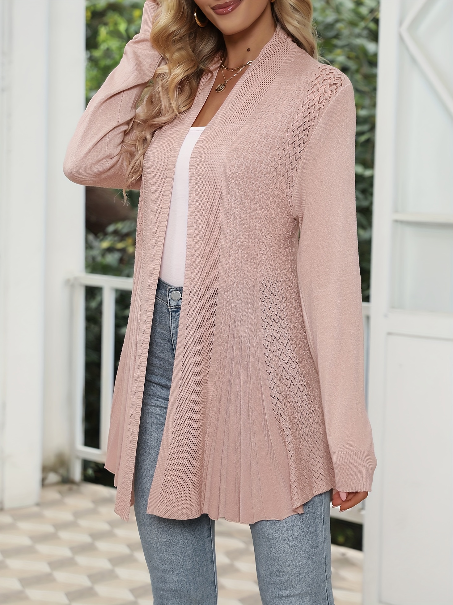 solid open front pointelle knit cardigan casual long sleeve ruffle cardigan for spring fall womens clothing details 6