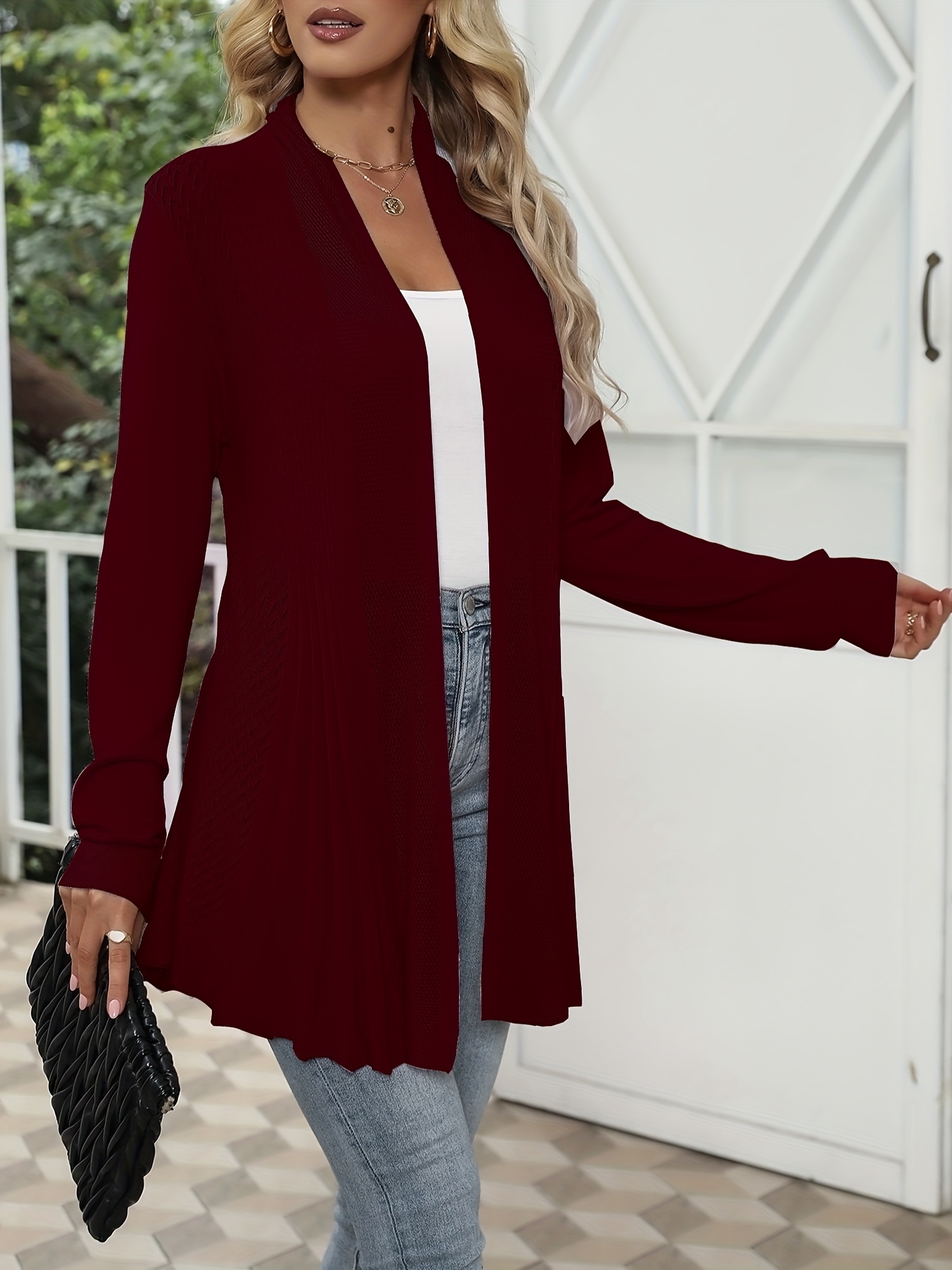 solid open front pointelle knit cardigan casual long sleeve ruffle cardigan for spring fall womens clothing details 13