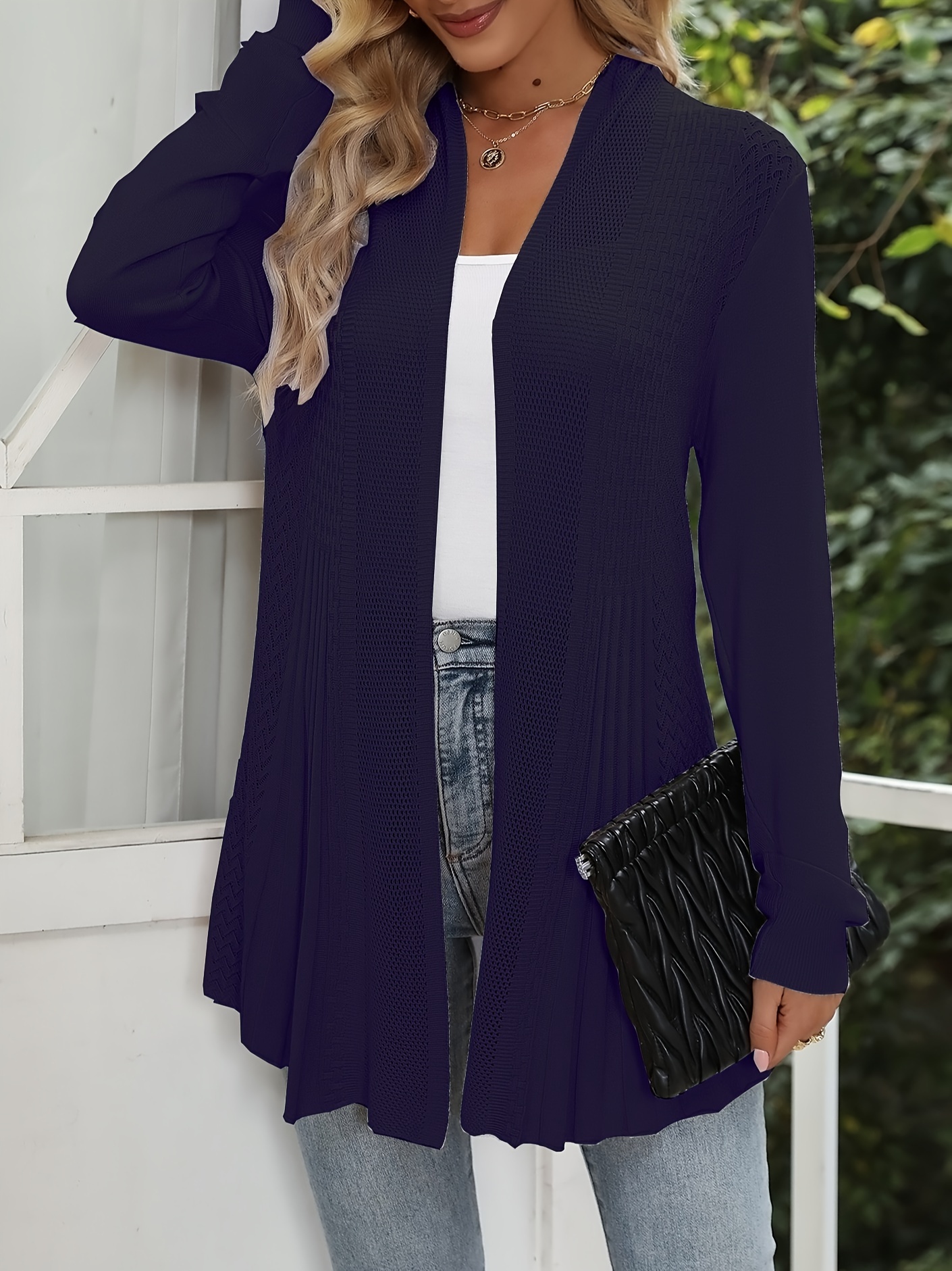 solid open front pointelle knit cardigan casual long sleeve ruffle cardigan for spring fall womens clothing details 15