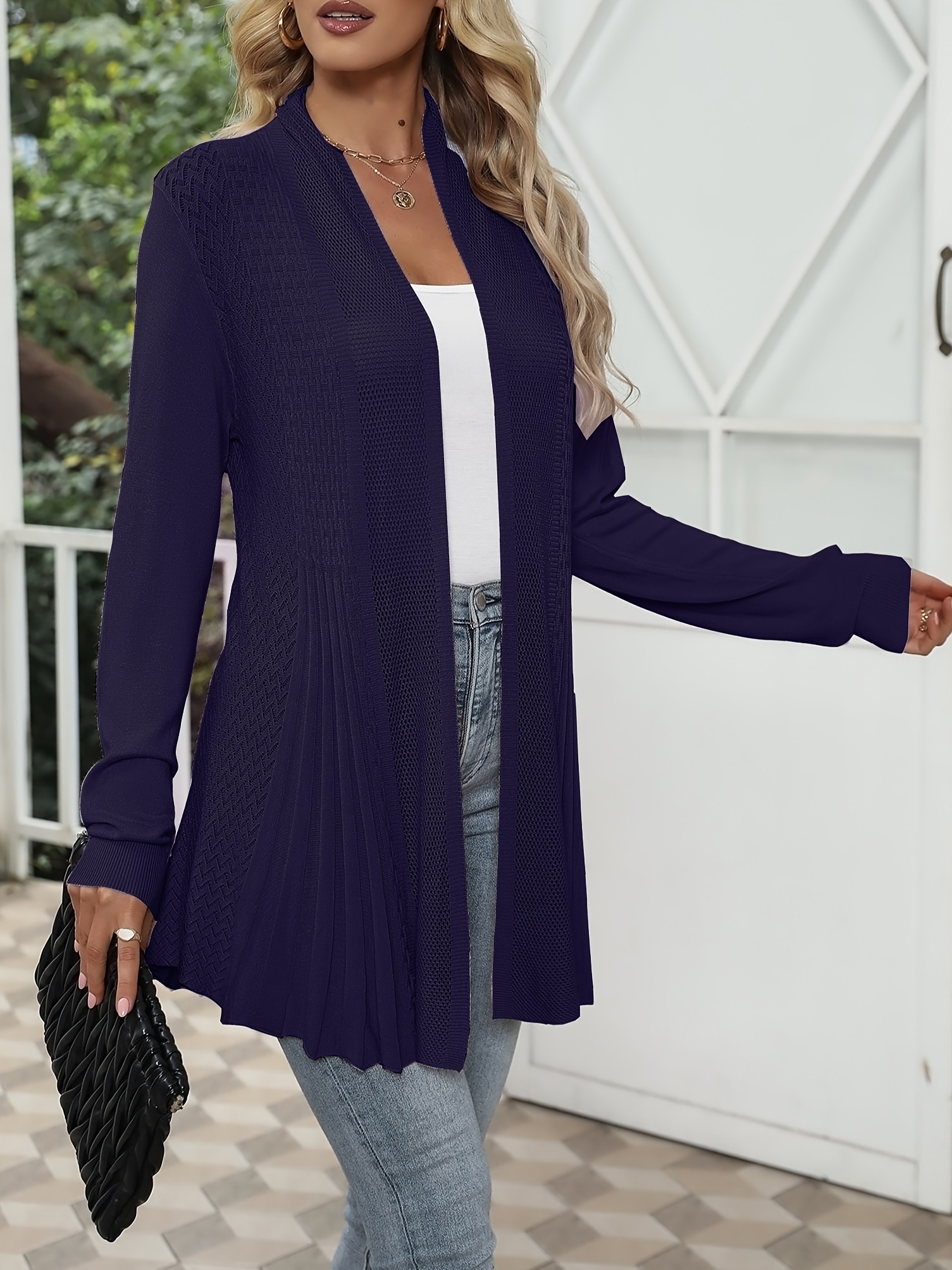 solid open front pointelle knit cardigan casual long sleeve ruffle cardigan for spring fall womens clothing details 18