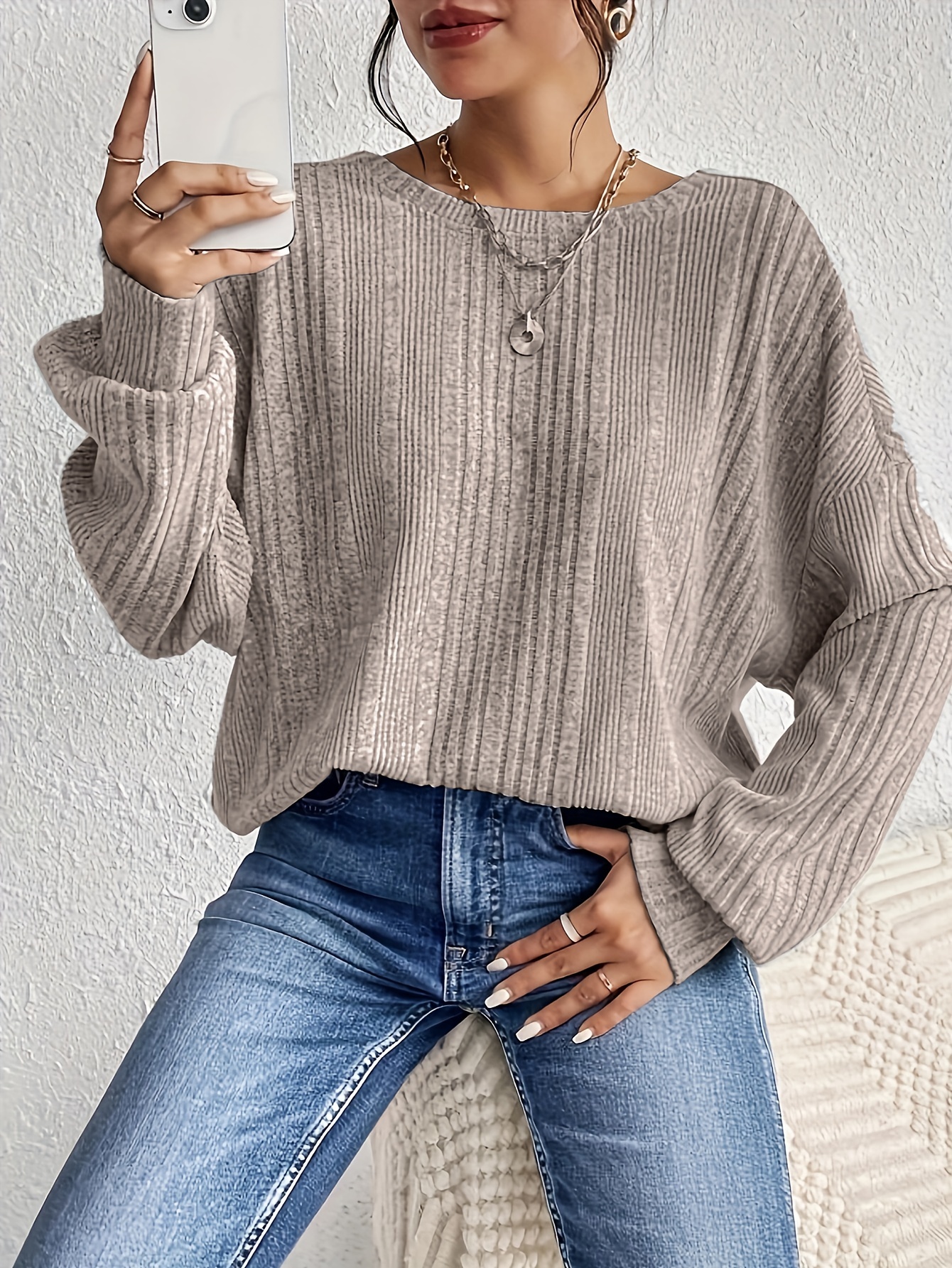 rib knit backless crew neck top casual long sleeve sweater for spring fall womens clothing details 1