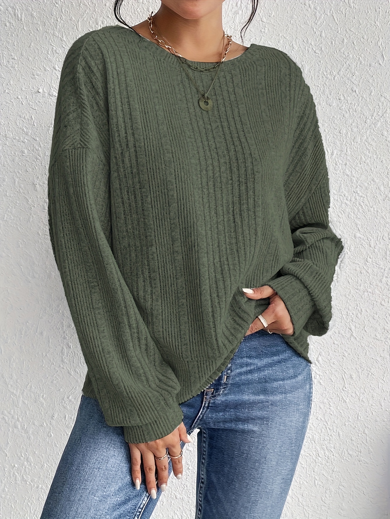 rib knit backless crew neck top casual long sleeve sweater for spring fall womens clothing details 6