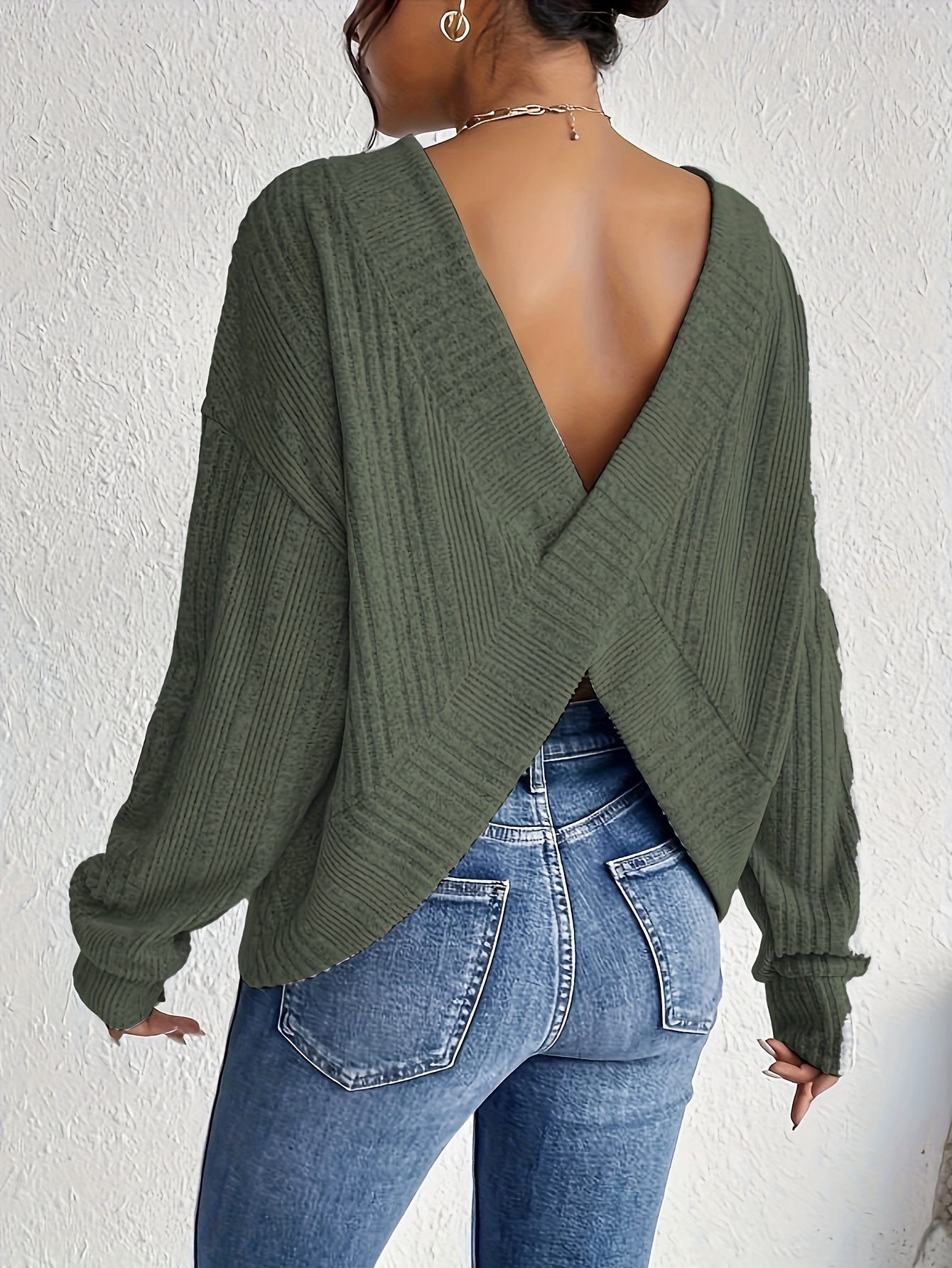 rib knit backless crew neck top casual long sleeve sweater for spring fall womens clothing details 8