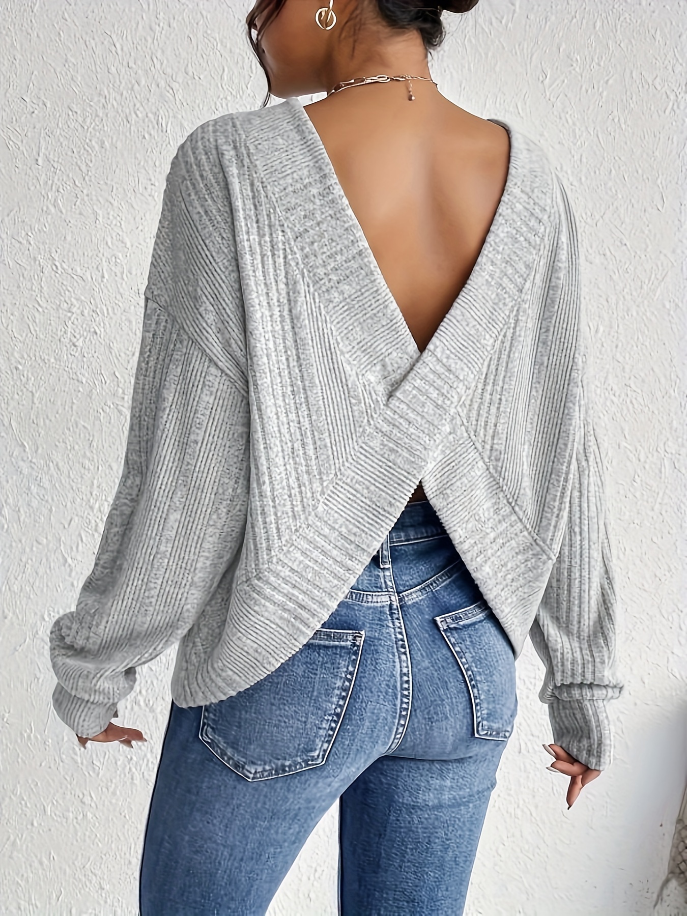 rib knit backless crew neck top casual long sleeve sweater for spring fall womens clothing details 14