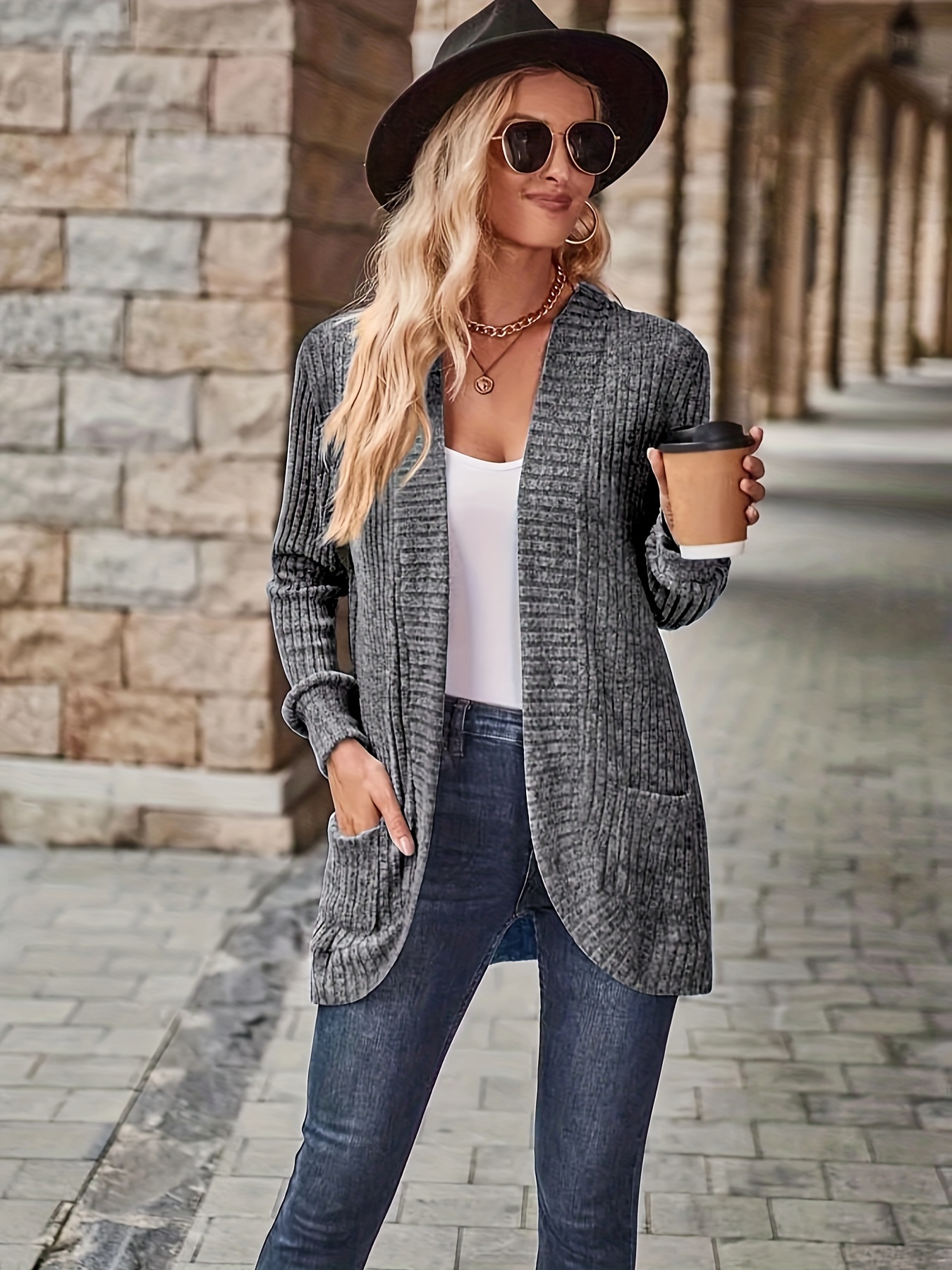 solid open front cardigan casual long sleeve drop shoulder outwear for spring fall womens clothing details 2