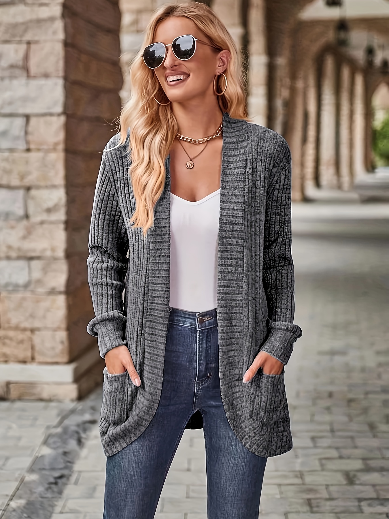 solid open front cardigan casual long sleeve drop shoulder outwear for spring fall womens clothing details 3