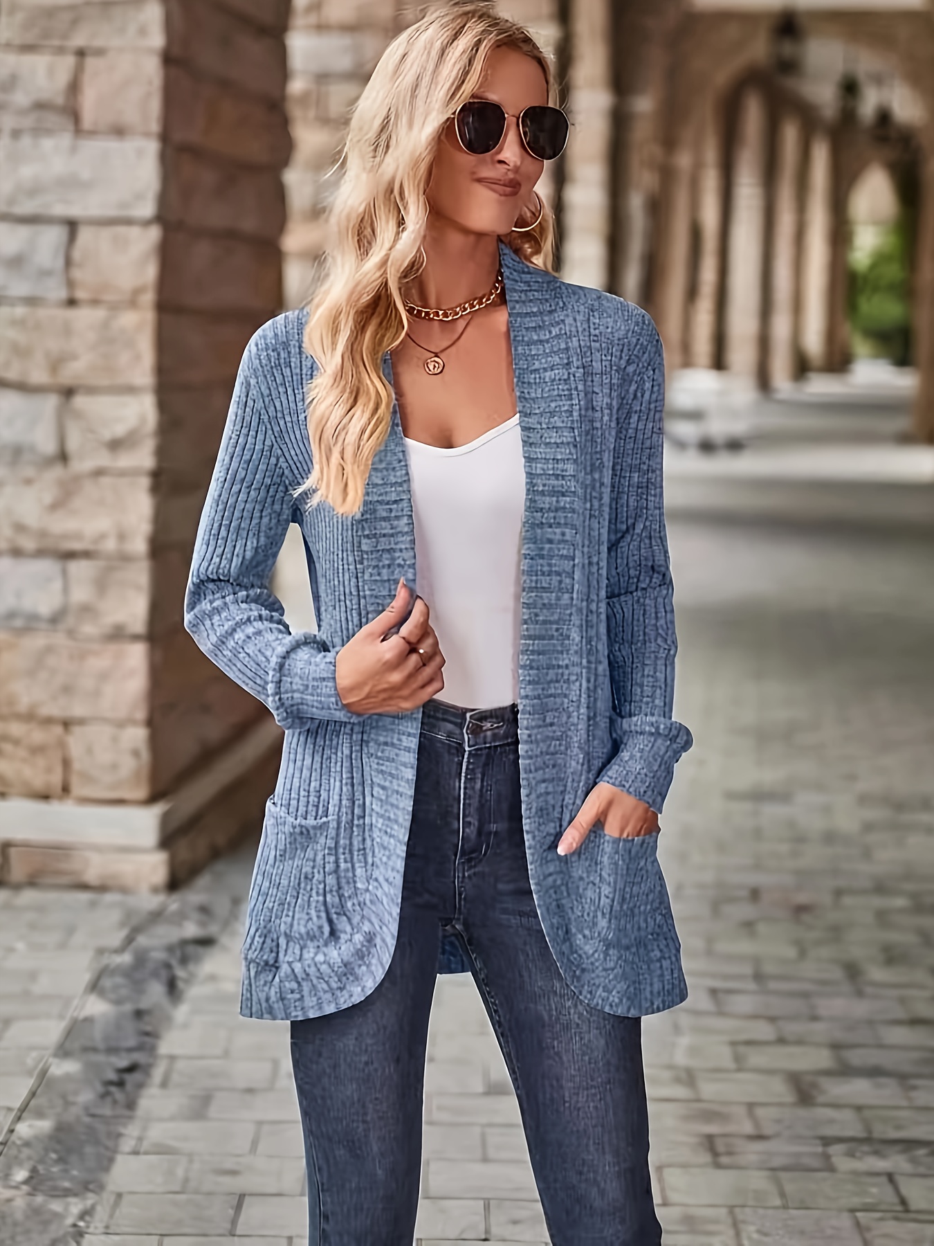 solid open front cardigan casual long sleeve drop shoulder outwear for spring fall womens clothing details 13