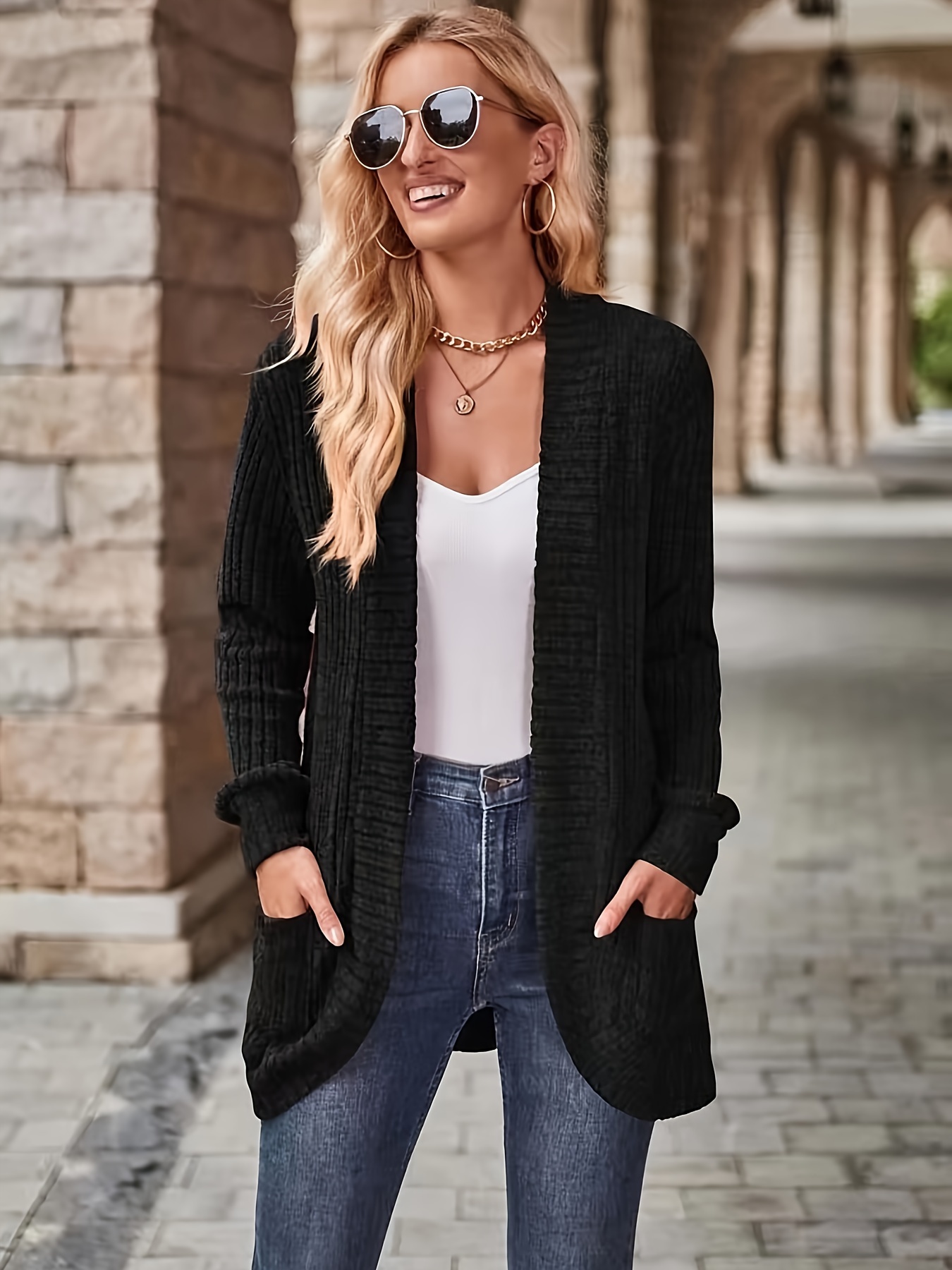 solid open front cardigan casual long sleeve drop shoulder outwear for spring fall womens clothing details 15