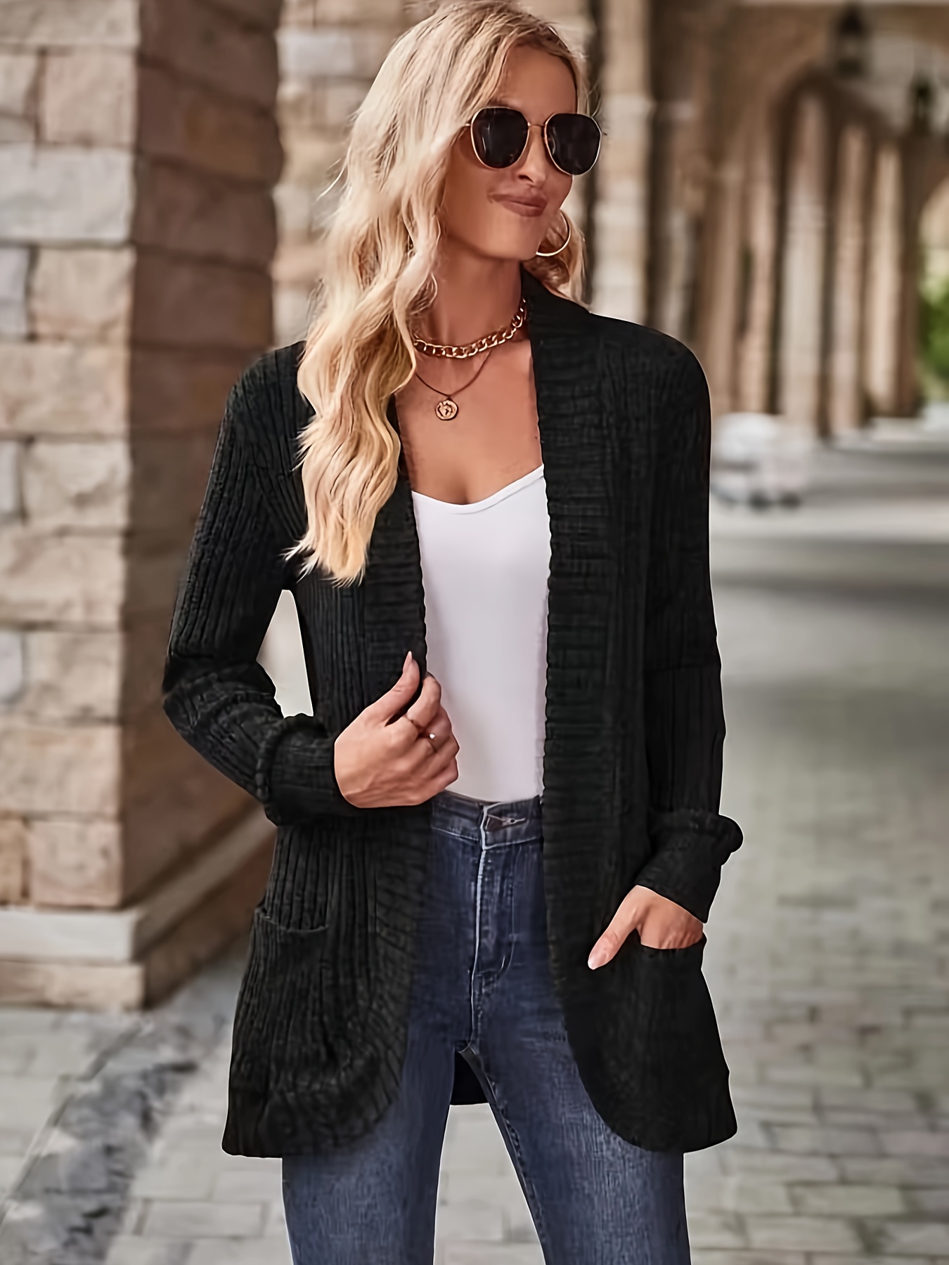 solid open front cardigan casual long sleeve drop shoulder outwear for spring fall womens clothing details 17