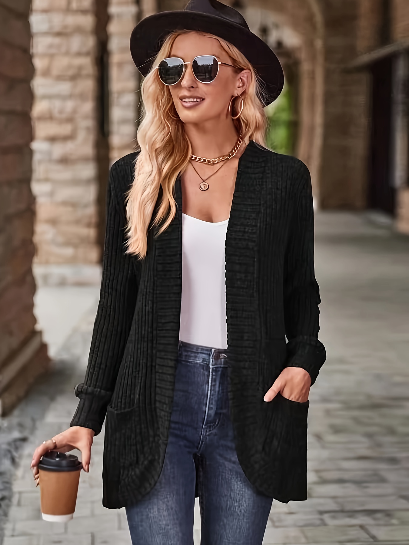 solid open front cardigan casual long sleeve drop shoulder outwear for spring fall womens clothing details 18