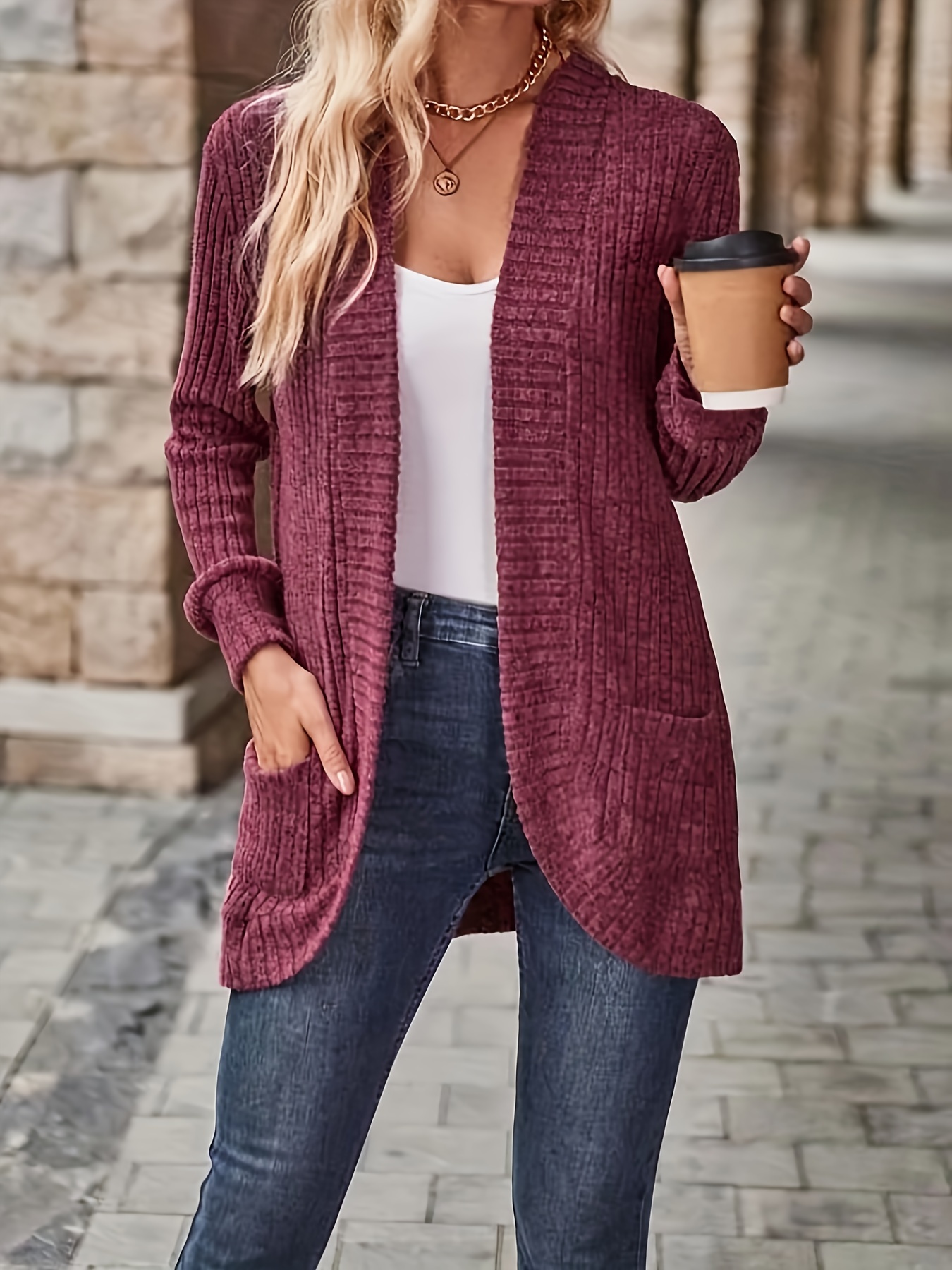 solid open front cardigan casual long sleeve drop shoulder outwear for spring fall womens clothing details 24