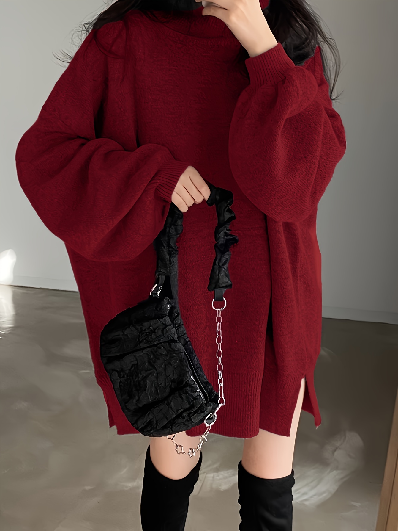 solid turtle neck oversized sweater casual long sleeve split sweater womens clothing details 2