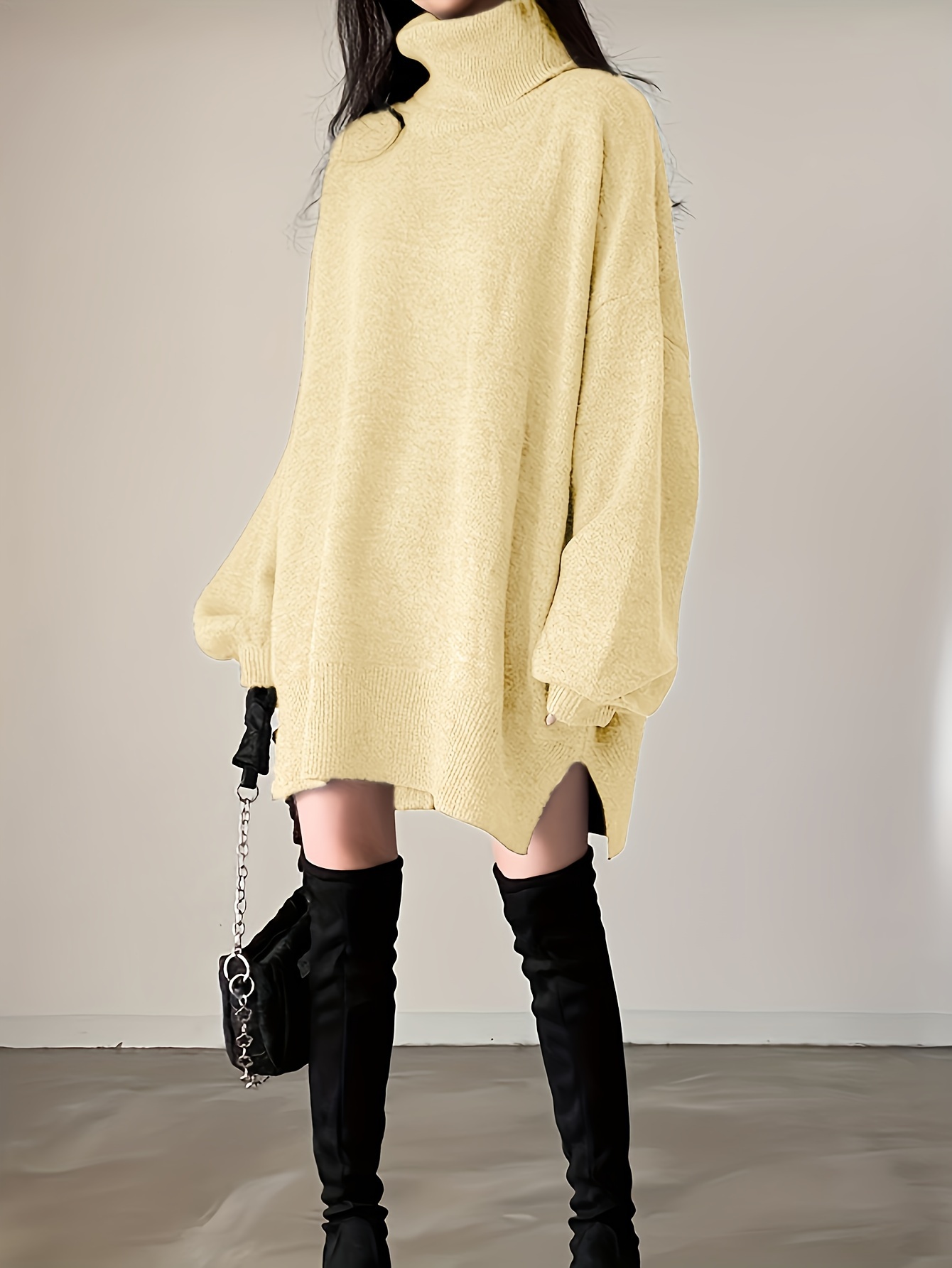 solid turtle neck oversized sweater casual long sleeve split sweater womens clothing details 5