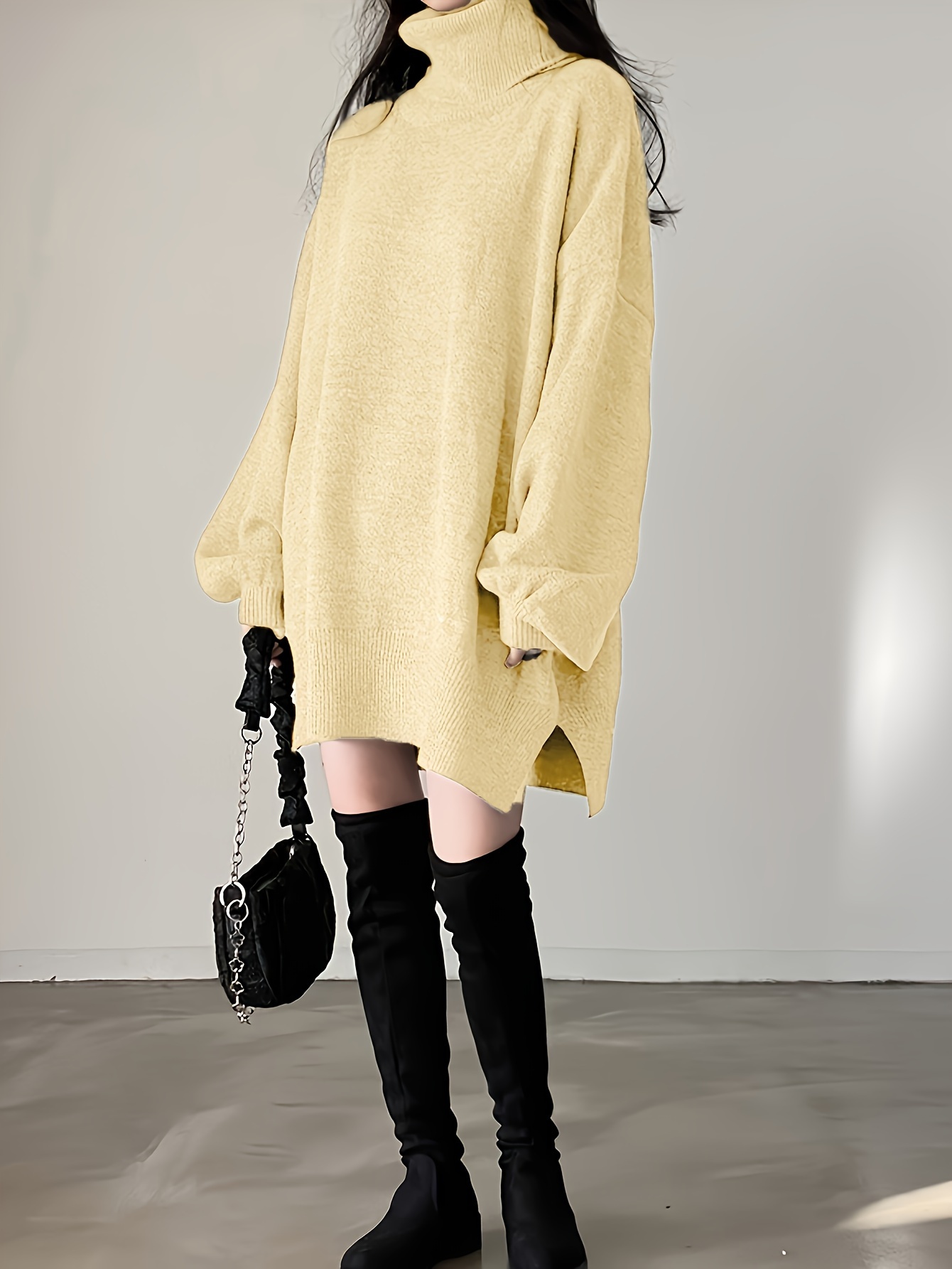 solid turtle neck oversized sweater casual long sleeve split sweater womens clothing details 7