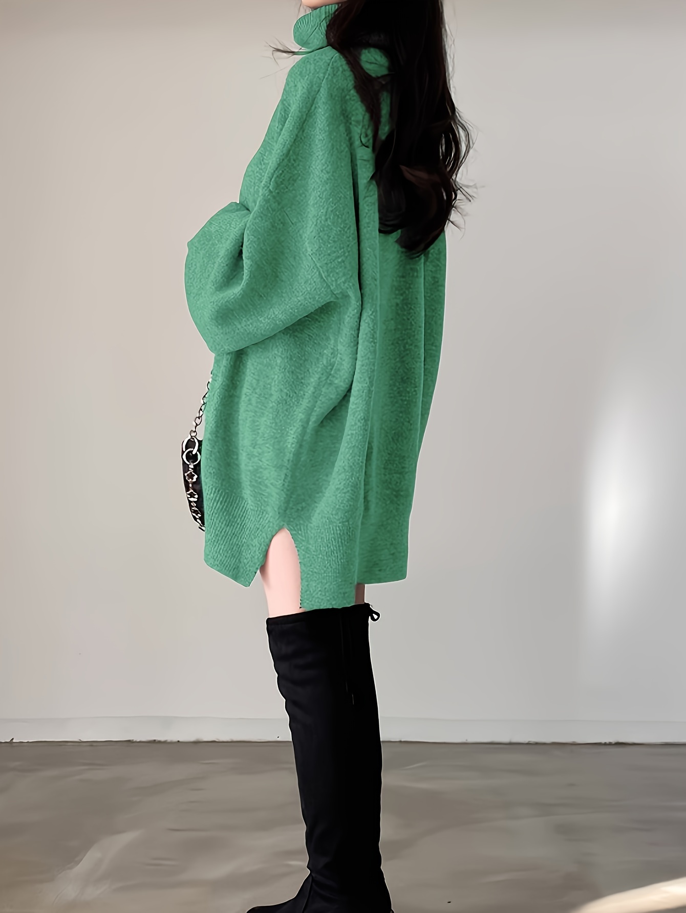 solid turtle neck oversized sweater casual long sleeve split sweater womens clothing details 16