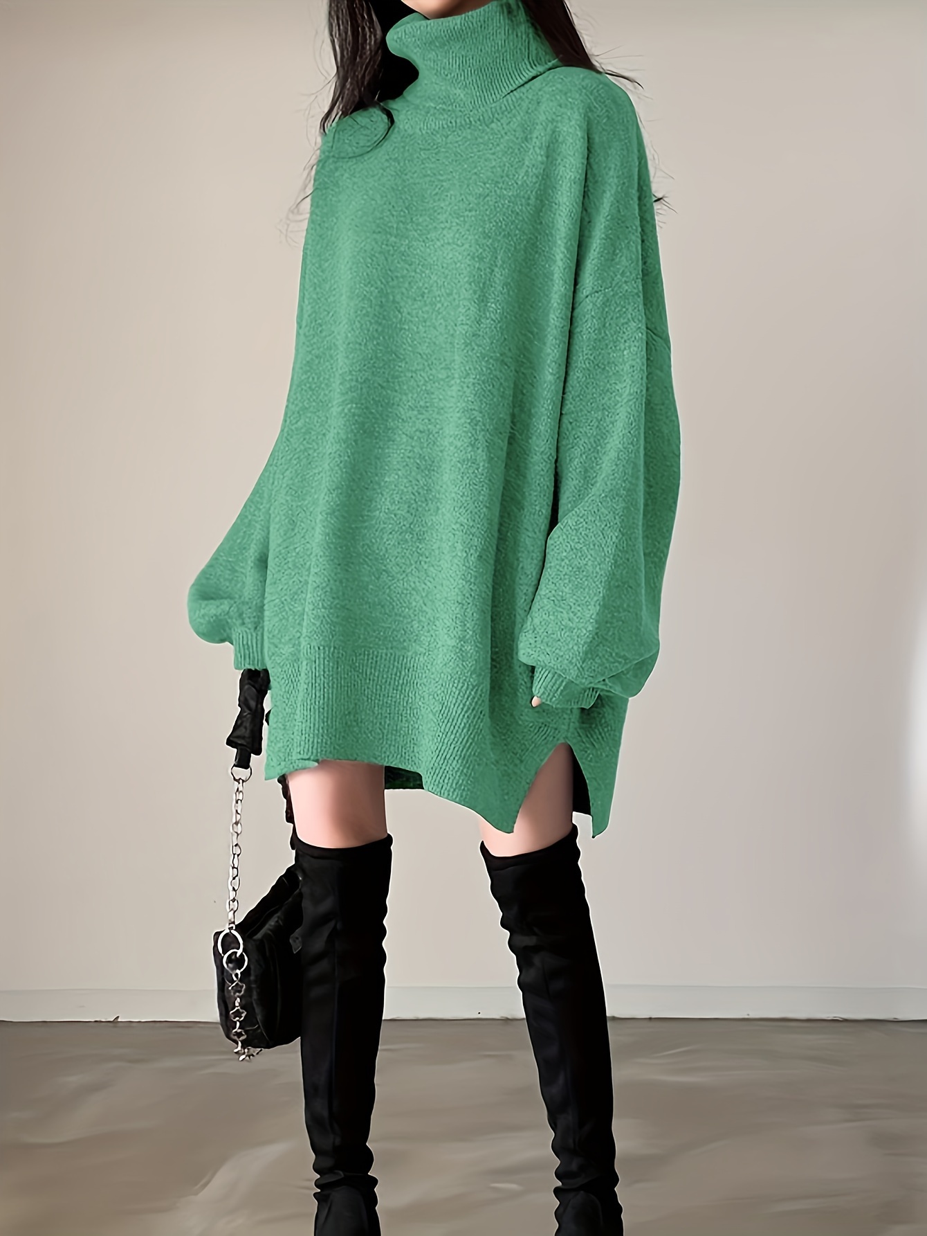 solid turtle neck oversized sweater casual long sleeve split sweater womens clothing details 19