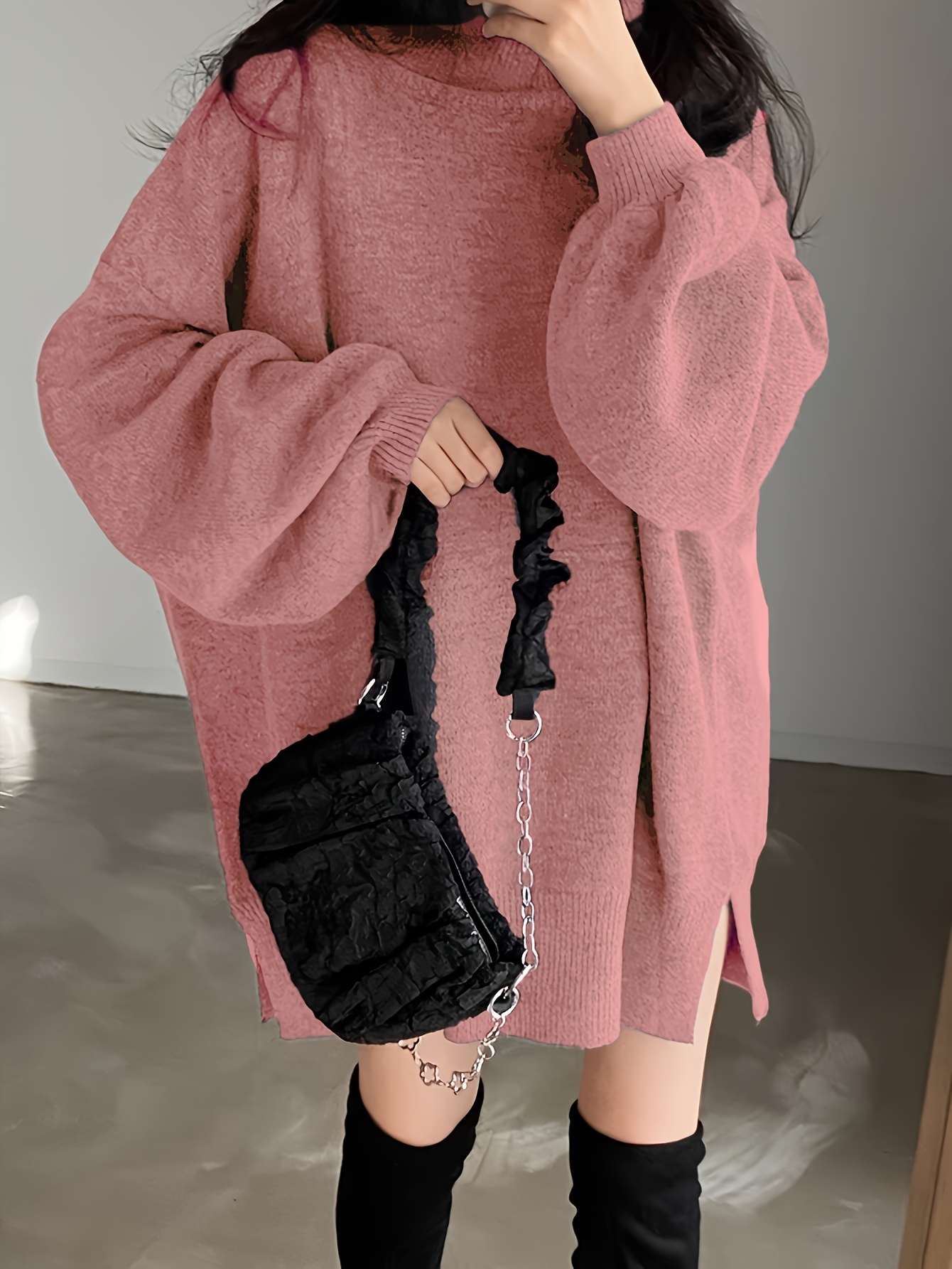 solid turtle neck oversized sweater casual long sleeve split sweater womens clothing details 22