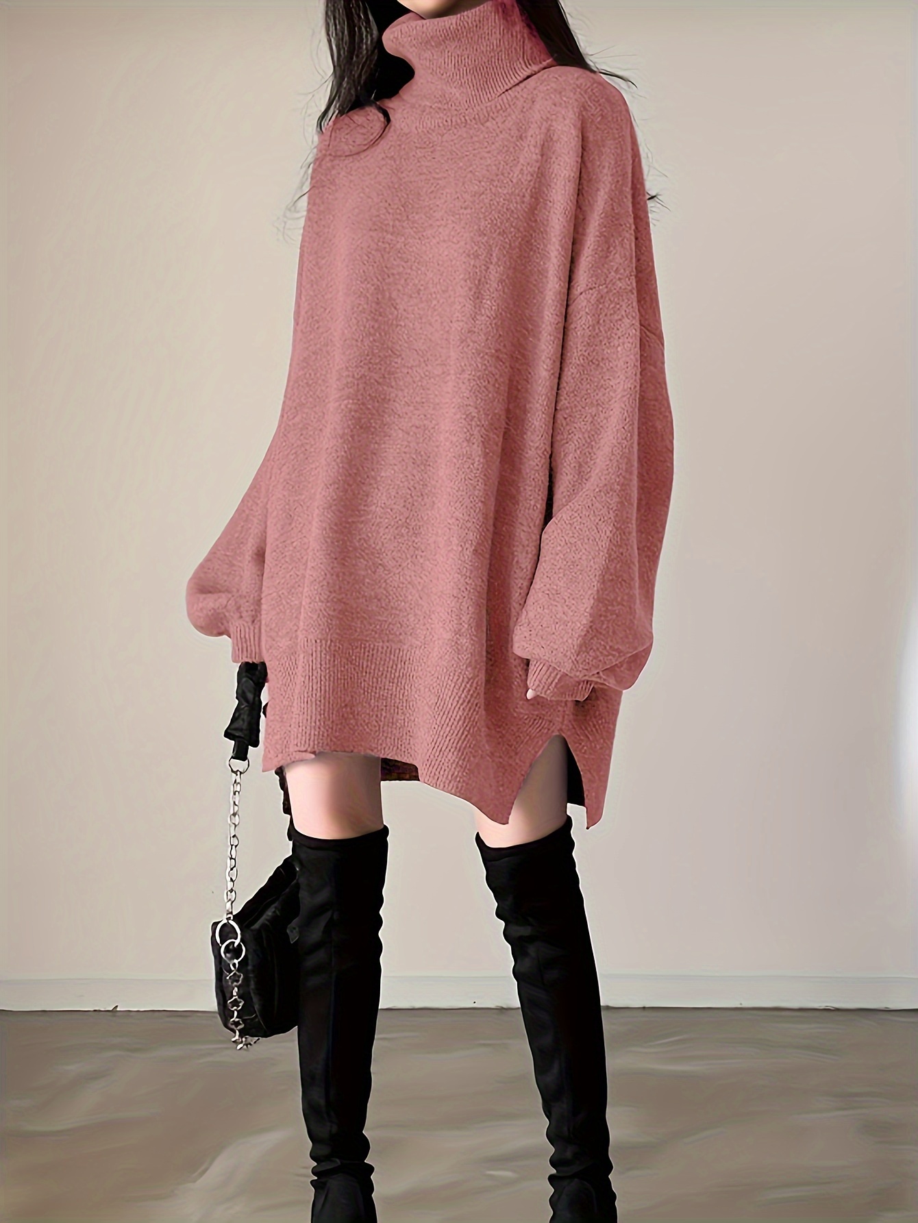 solid turtle neck oversized sweater casual long sleeve split sweater womens clothing details 23