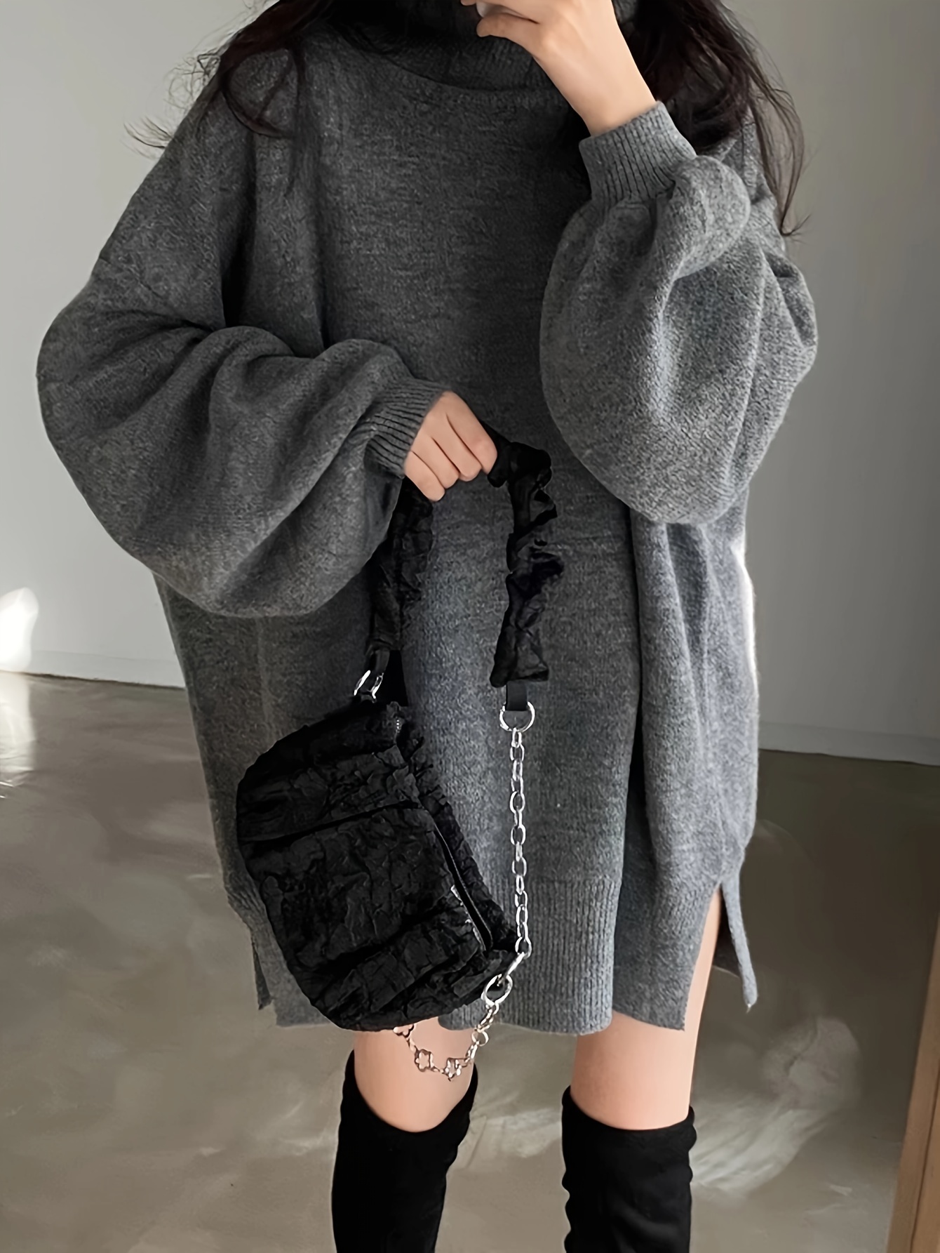 solid turtle neck oversized sweater casual long sleeve split sweater womens clothing details 31