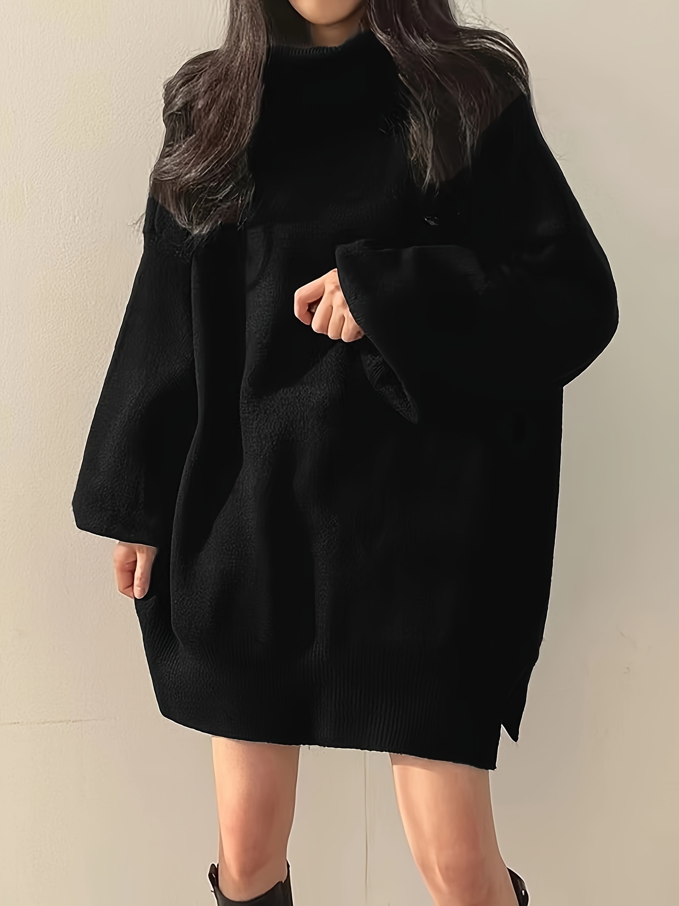 solid turtle neck oversized sweater casual long sleeve split sweater womens clothing details 39