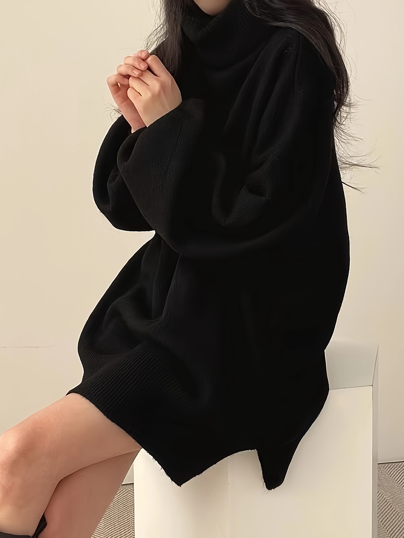 solid turtle neck oversized sweater casual long sleeve split sweater womens clothing details 41