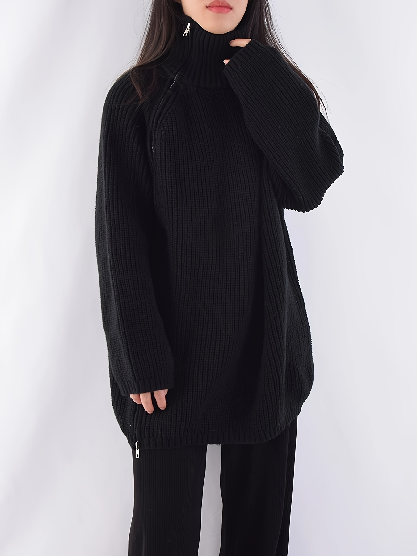 solid zip up oversized pullover sweater casual turtle neck long sleeve sweater womens clothing details 1