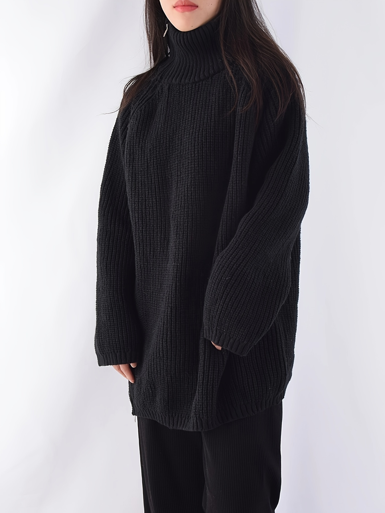 solid zip up oversized pullover sweater casual turtle neck long sleeve sweater womens clothing details 2