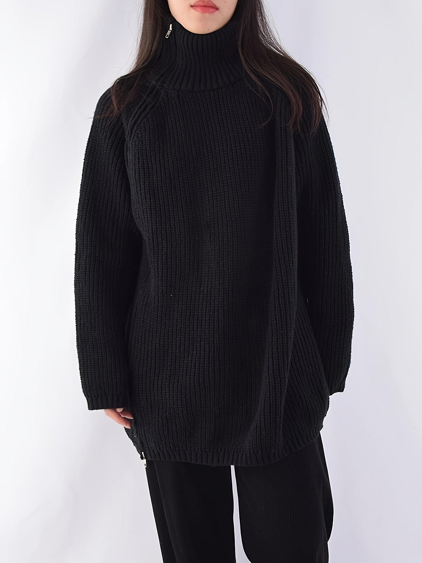 solid zip up oversized pullover sweater casual turtle neck long sleeve sweater womens clothing details 3