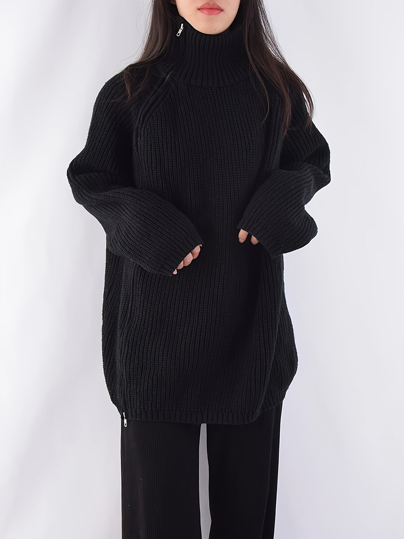 solid zip up oversized pullover sweater casual turtle neck long sleeve sweater womens clothing details 4