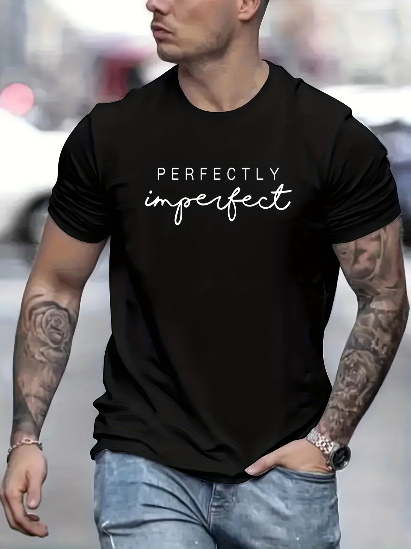 perfectly imperfect print t shirt mens casual street style slightly stretch round neck tee shirt for summer fall details 35