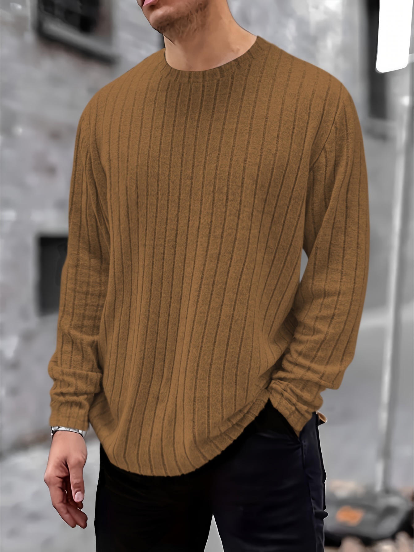 ribbed mens casual daily long sleeve stretch knitted t shirt fall winter outdoor details 0