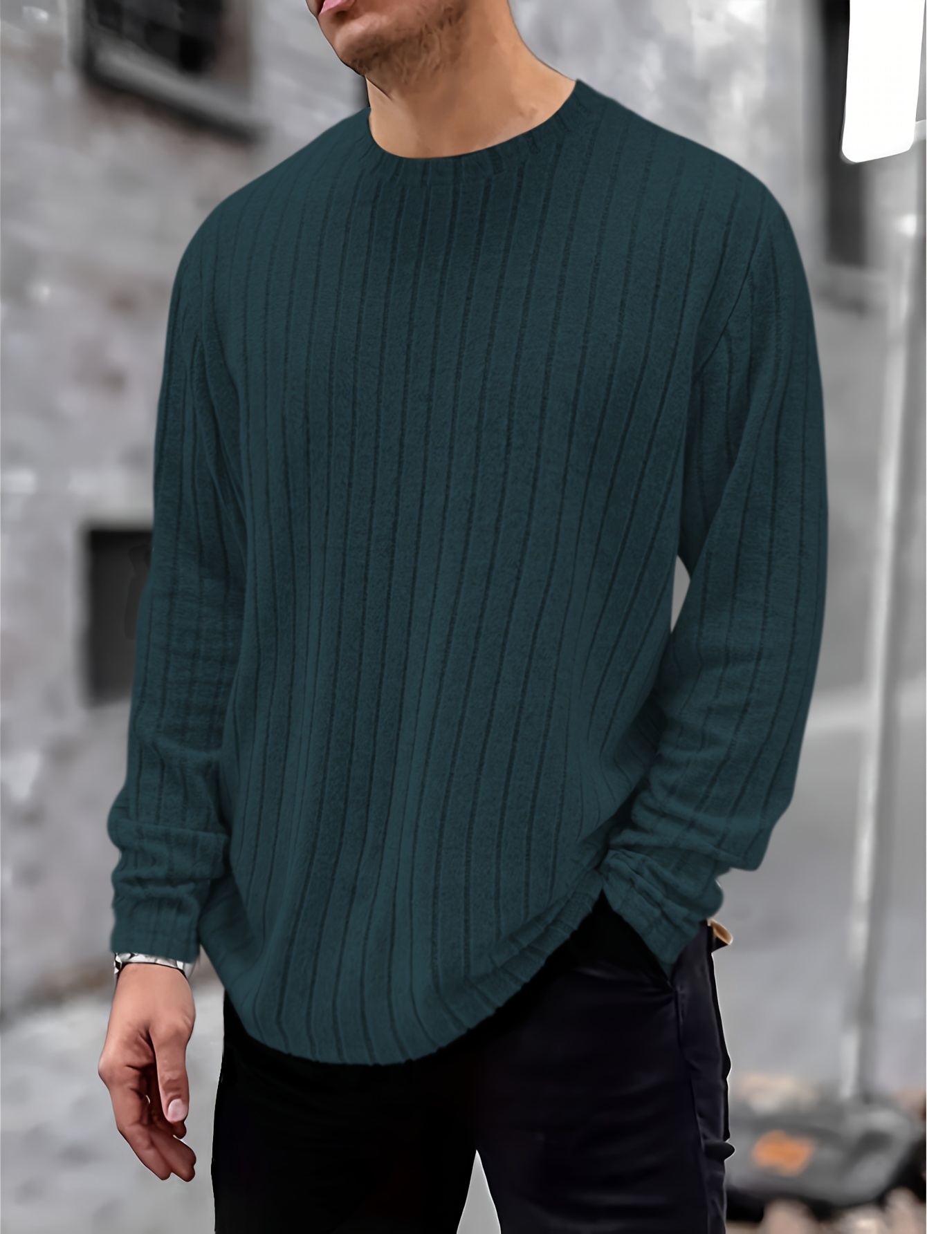 ribbed mens casual daily long sleeve stretch knitted t shirt fall winter outdoor details 5