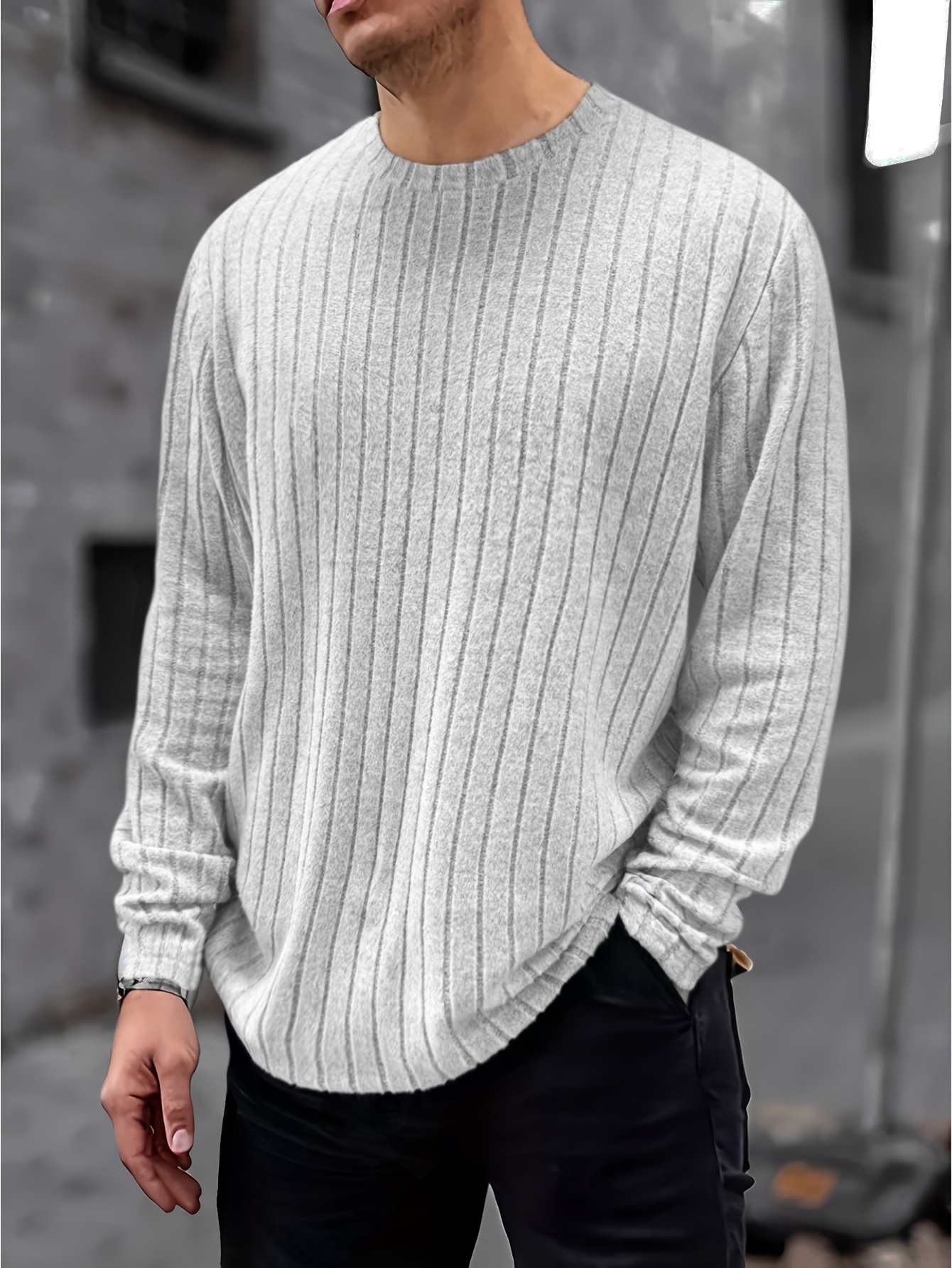 ribbed mens casual daily long sleeve stretch knitted t shirt fall winter outdoor details 10