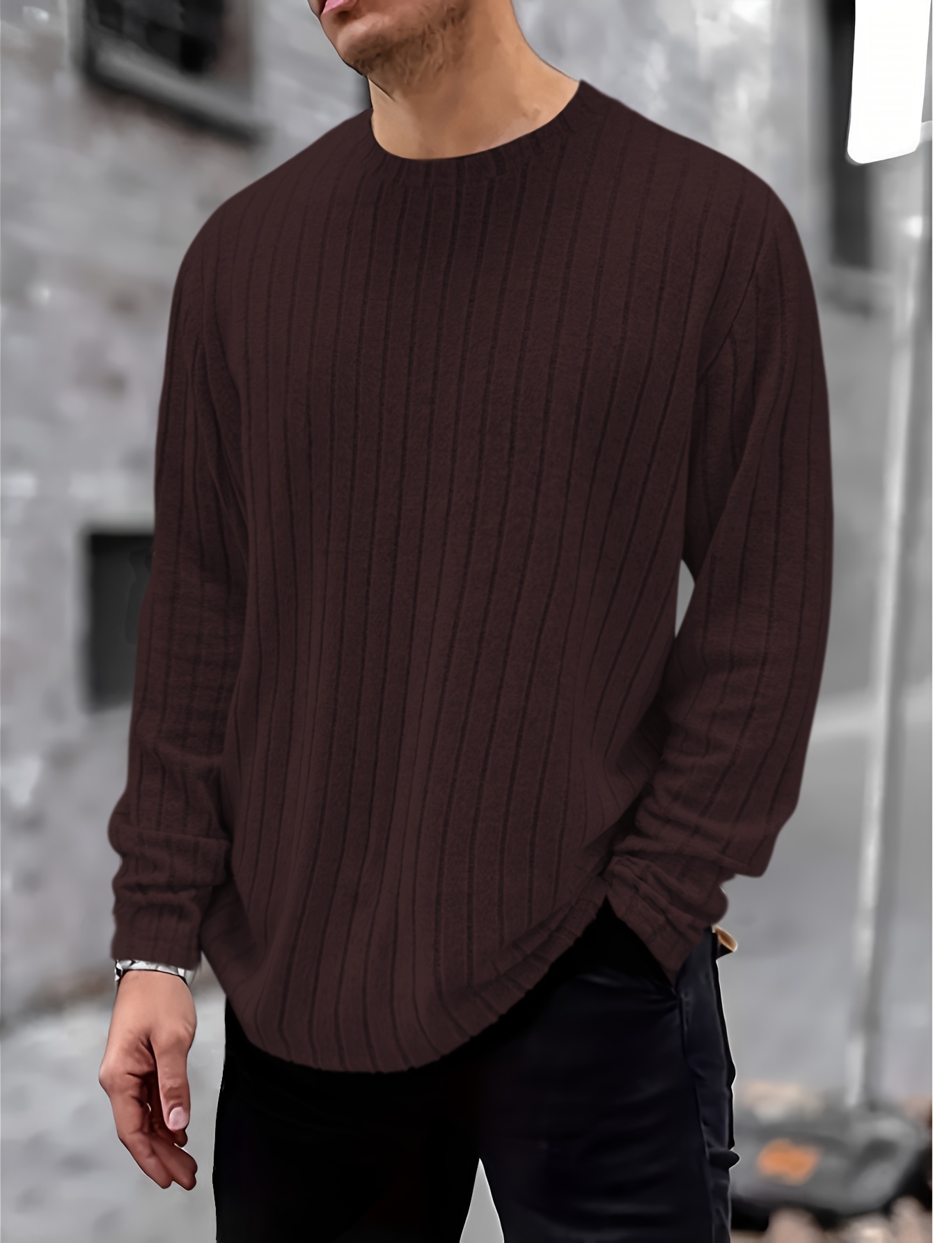 ribbed mens casual daily long sleeve stretch knitted t shirt fall winter outdoor details 20