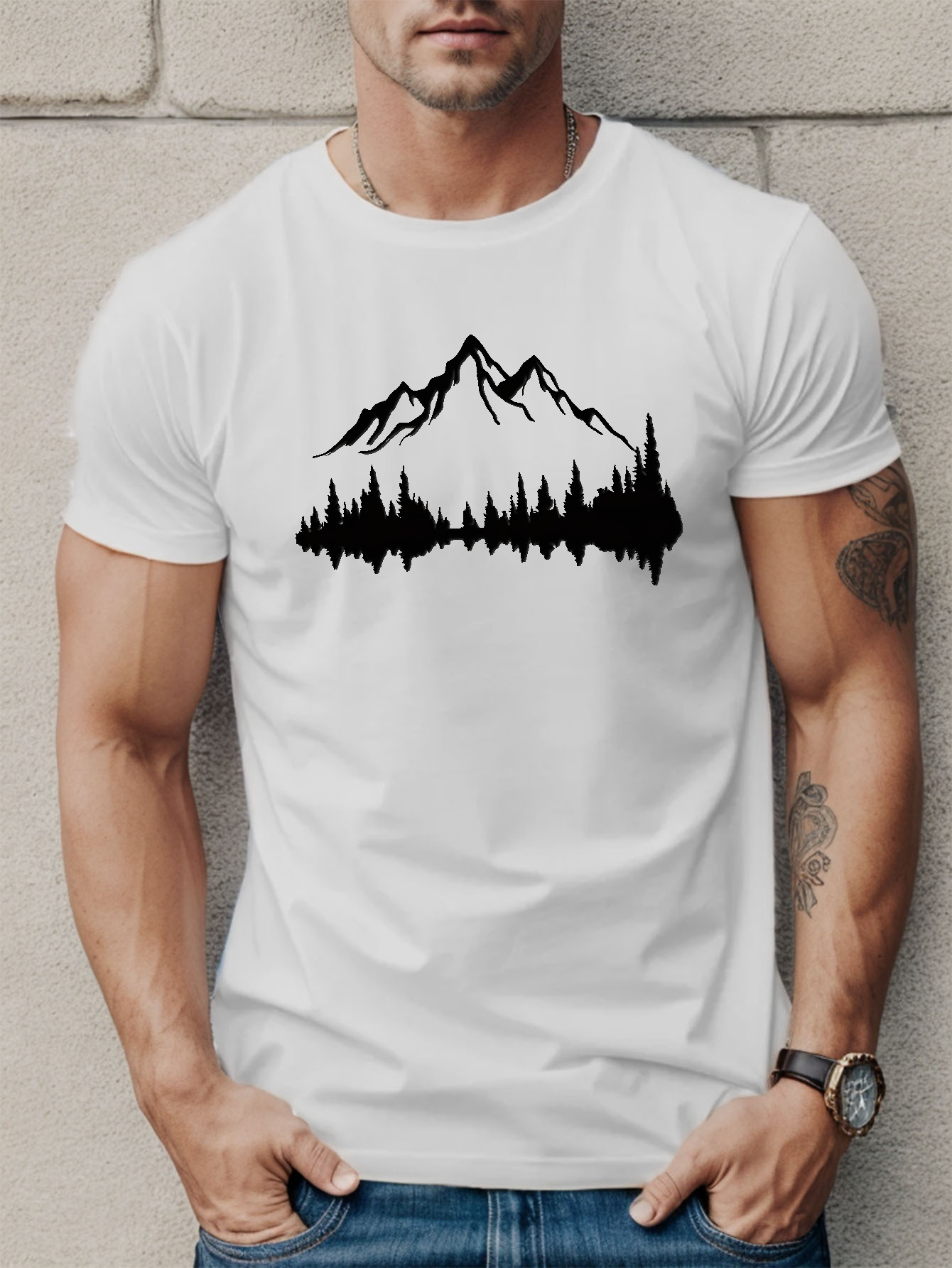 mountains and trees print t shirt tees for men casual short sleeve t shirt for summer details 5