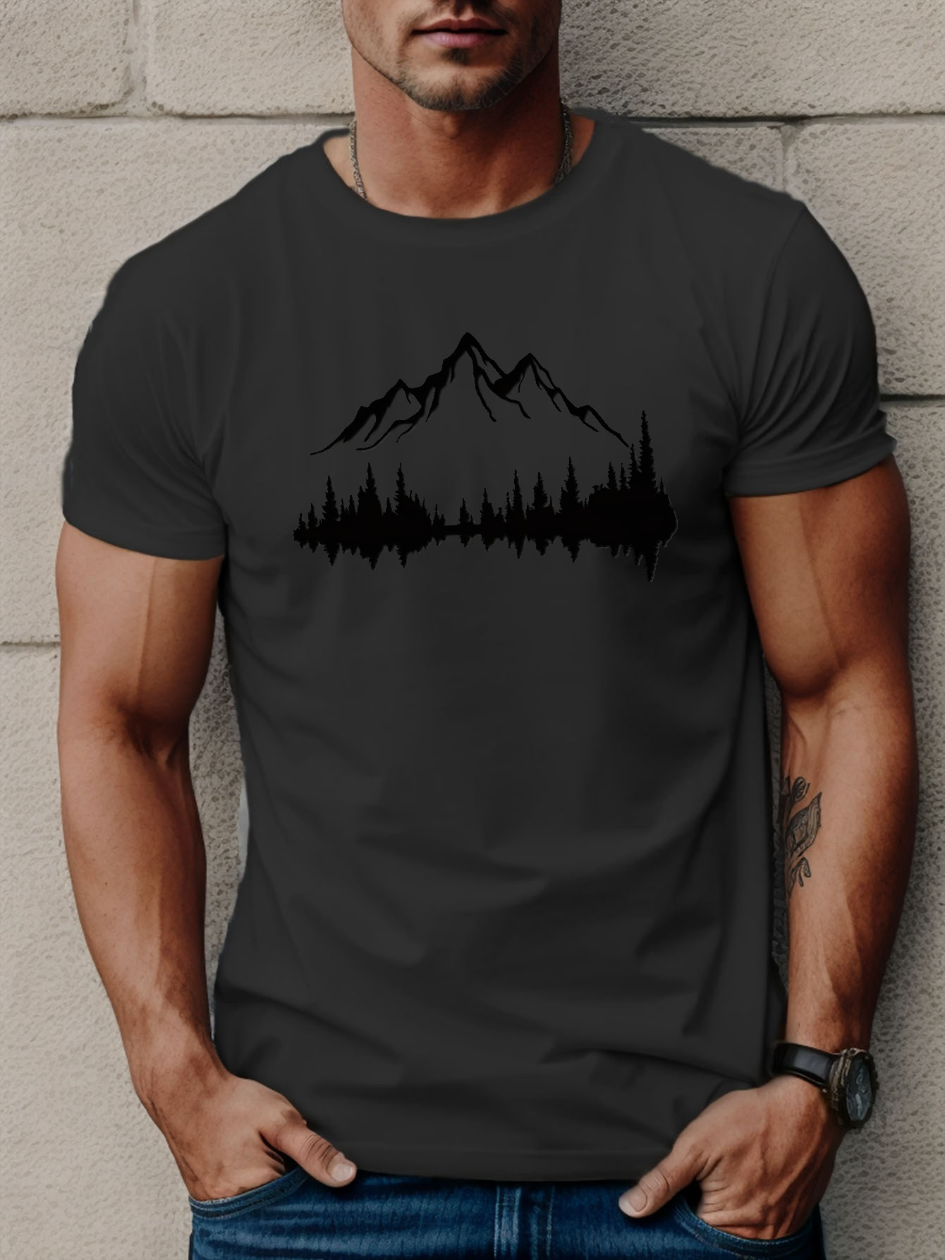 mountains and trees print t shirt tees for men casual short sleeve t shirt for summer details 10