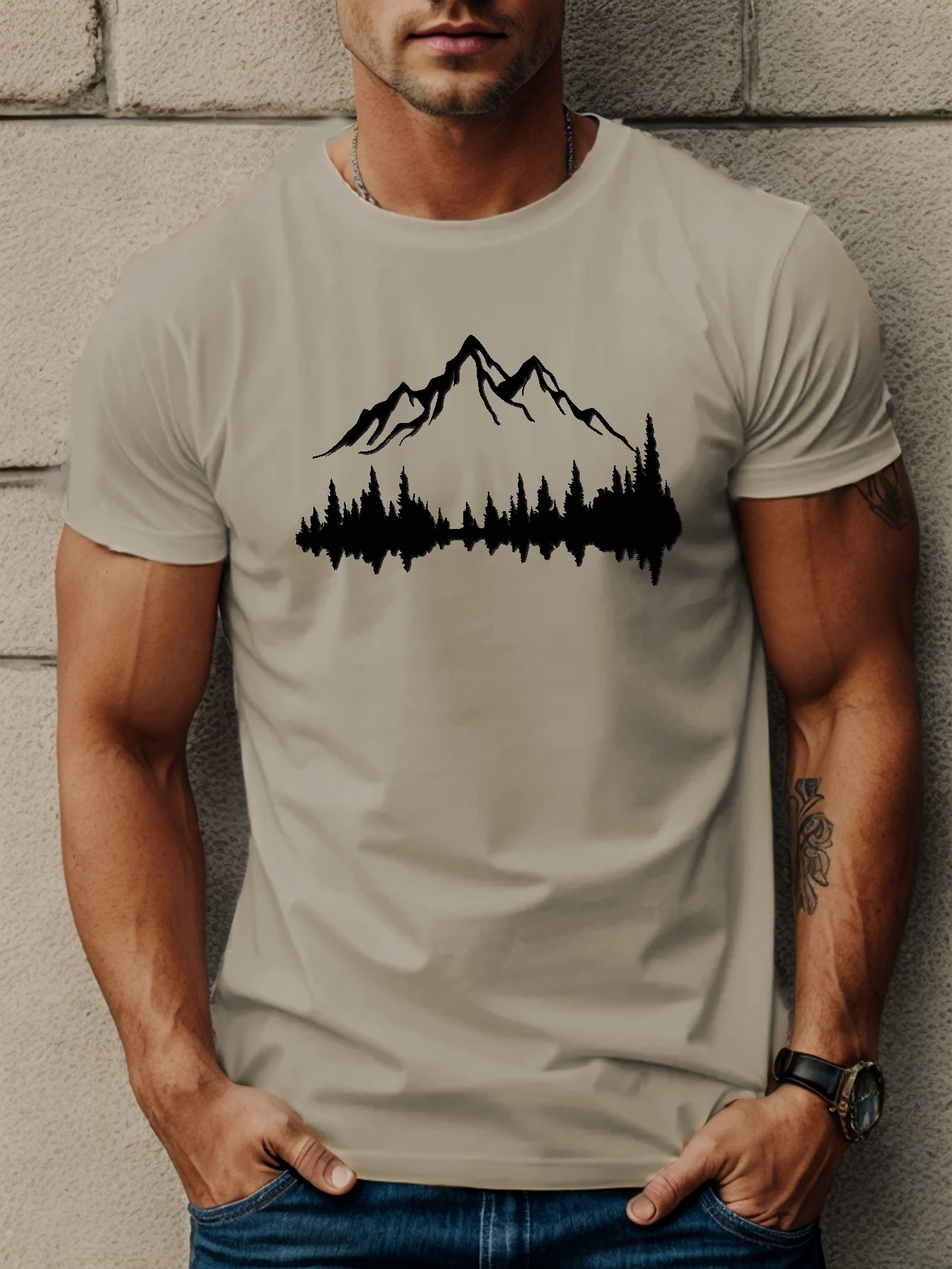 mountains and trees print t shirt tees for men casual short sleeve t shirt for summer details 16