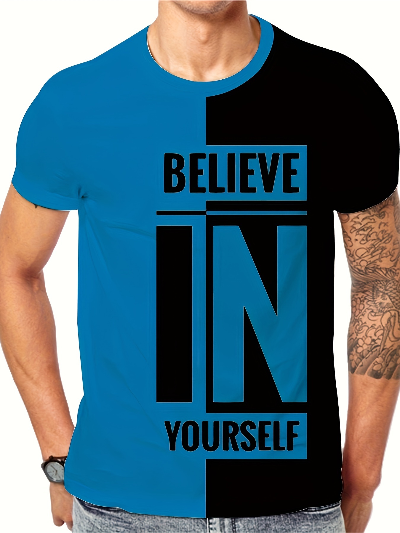 mens stylish believe in yourself pattern shirt casual breathable crew neck short sleeve tee top for city walk street hanging outdoor activities details 2