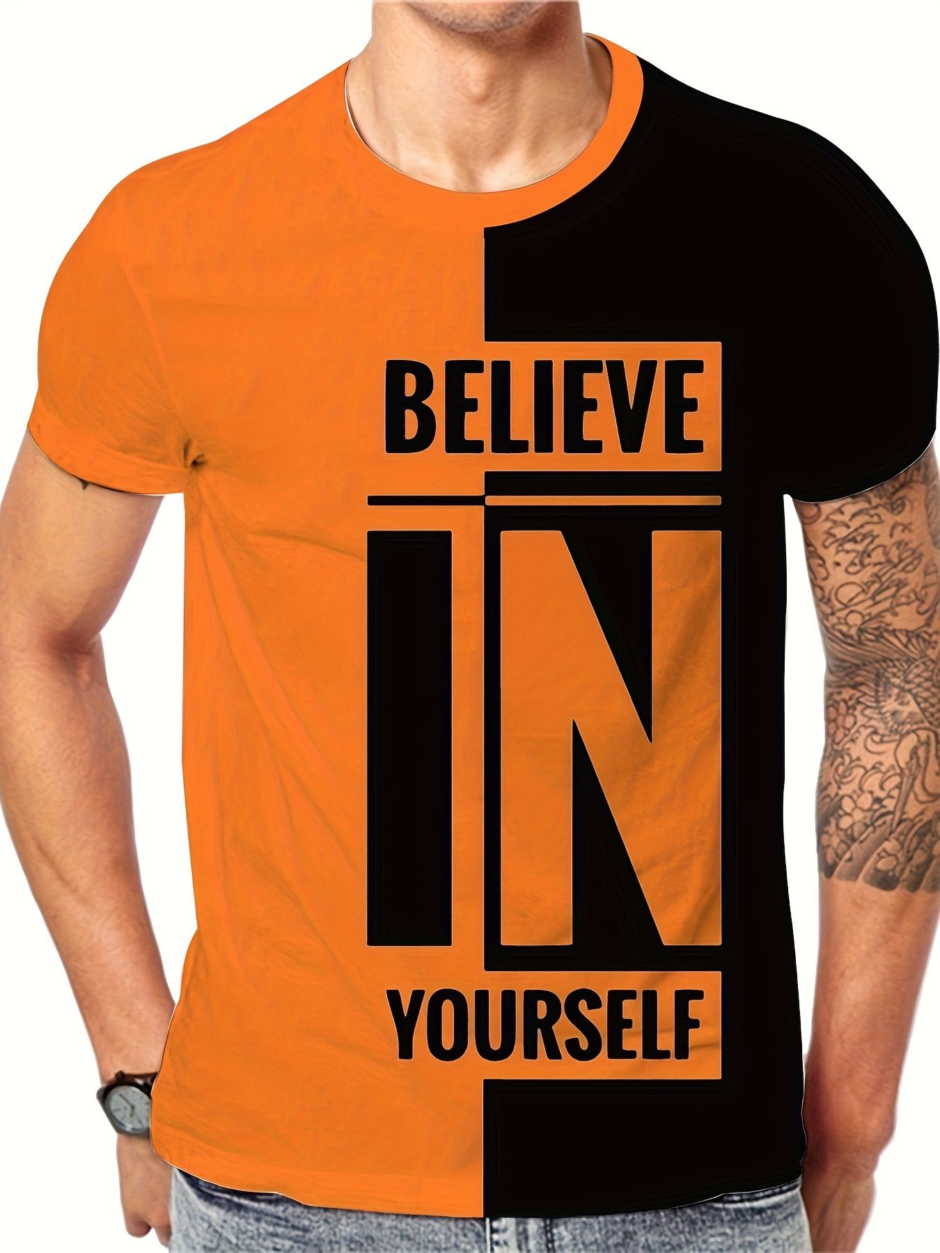 mens stylish believe in yourself pattern shirt casual breathable crew neck short sleeve tee top for city walk street hanging outdoor activities details 4