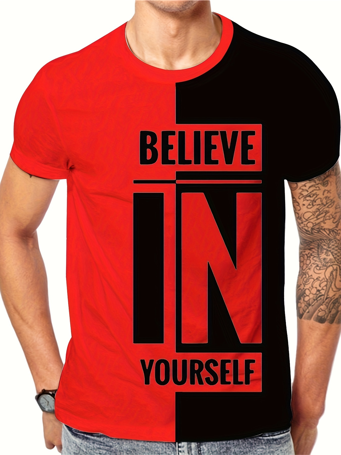 mens stylish believe in yourself pattern shirt casual breathable crew neck short sleeve tee top for city walk street hanging outdoor activities details 6