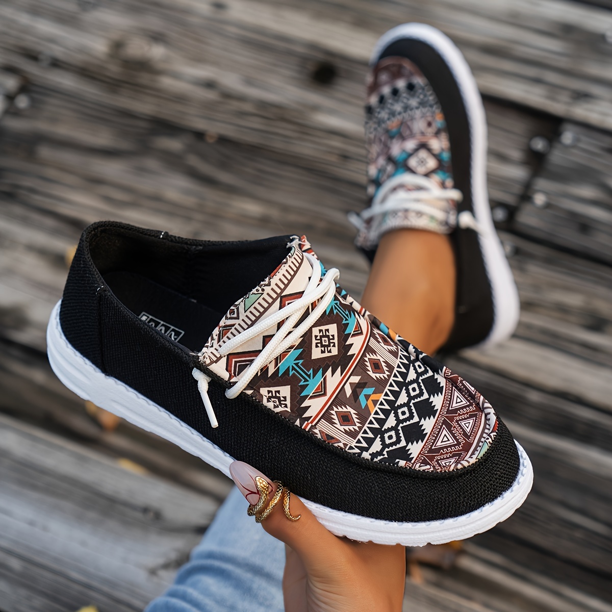 womens tribal print canvas shoes lightweight round toe low top sneakers casual outdoor walking flat shoes details 0