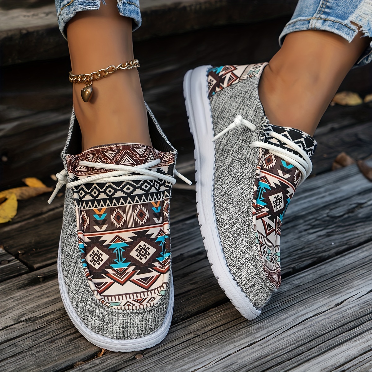 womens tribal print canvas shoes lightweight round toe low top sneakers casual outdoor walking flat shoes details 6